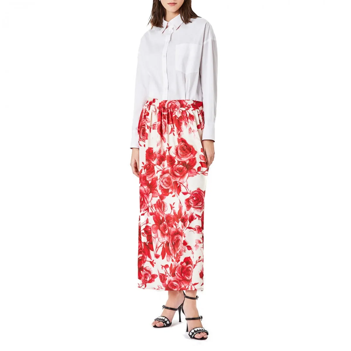 Abito Lungo Con Gonna A Rose, Bianco