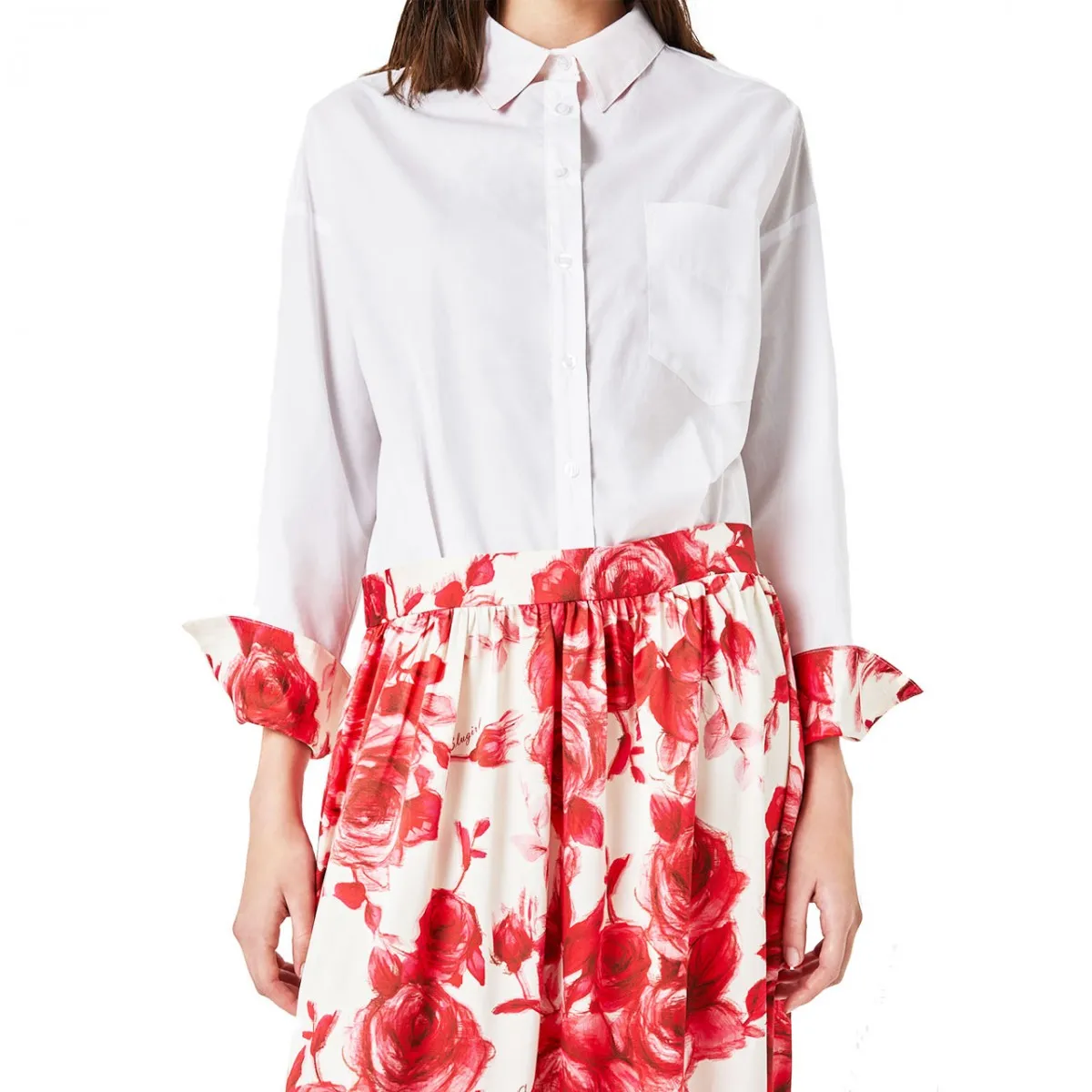 Abito Lungo Con Gonna A Rose, Bianco