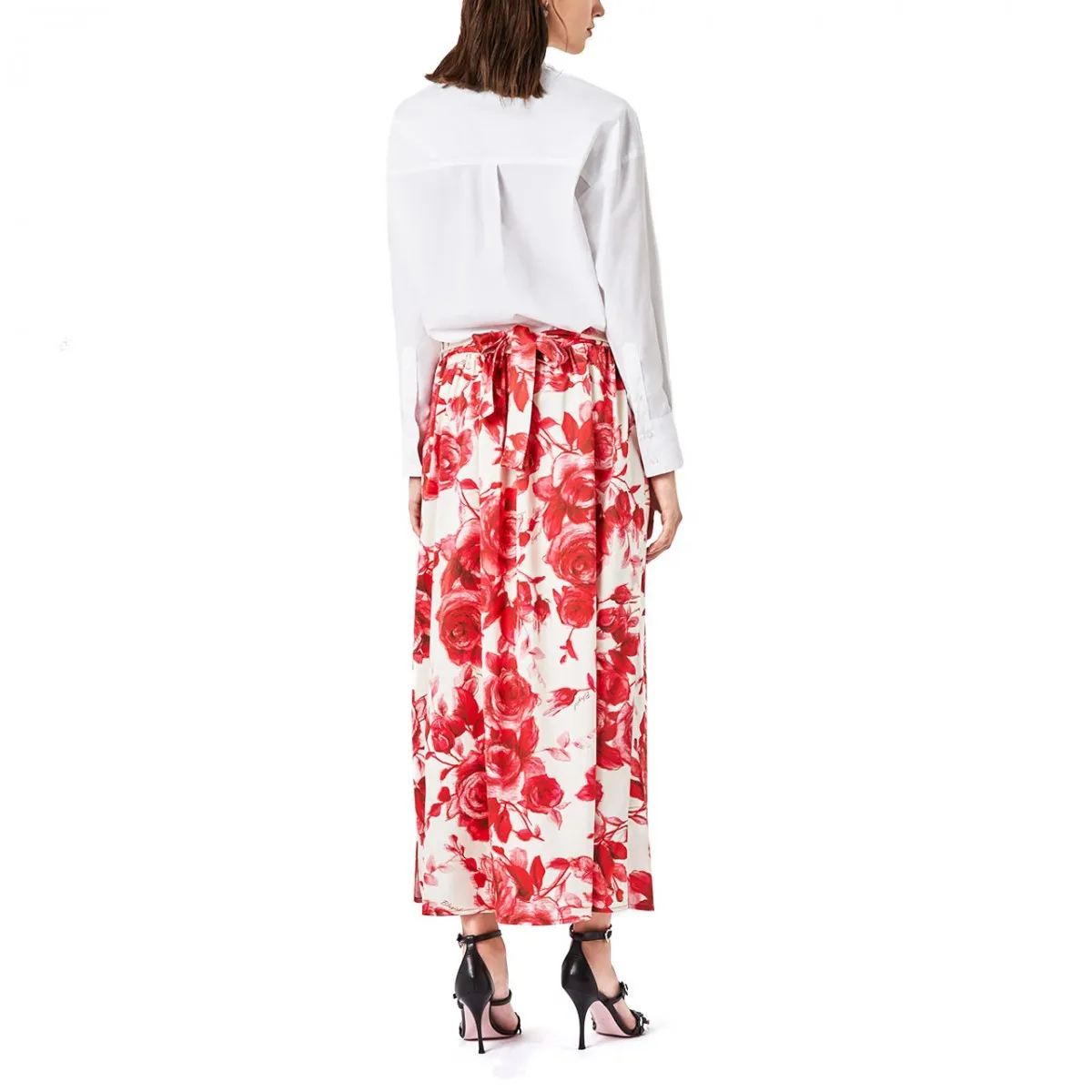 Abito Lungo Con Gonna A Rose, Bianco