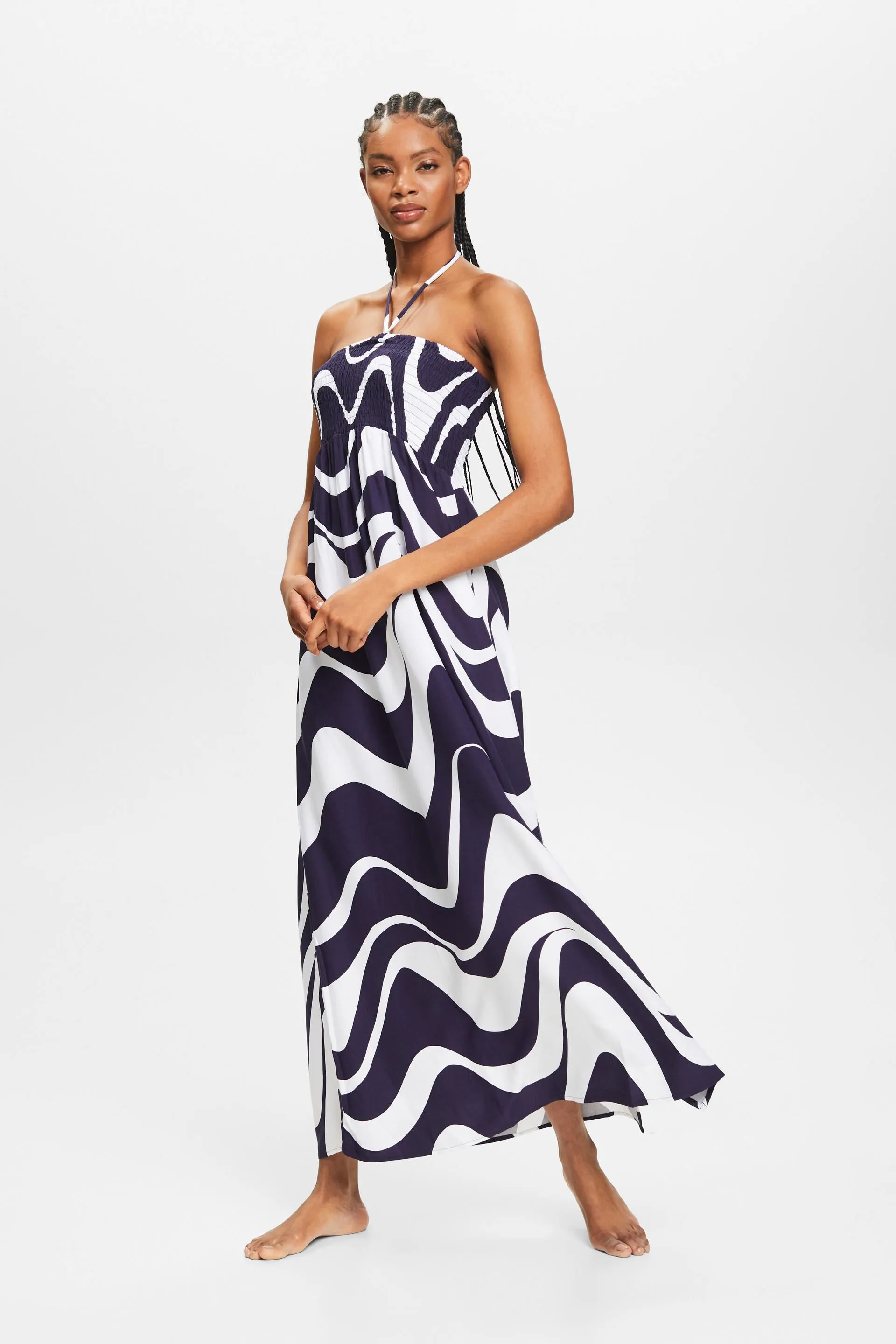 Abito maxi con stampa e allacciatura al collo