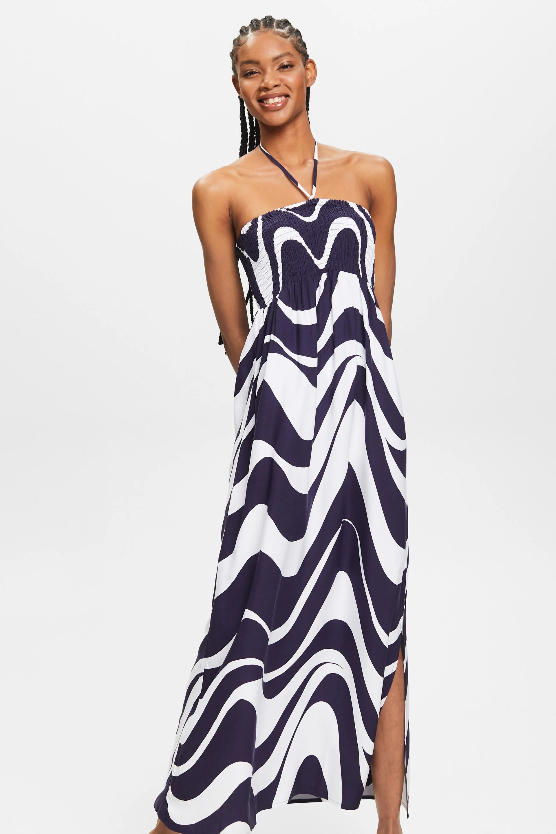 Abito maxi con stampa e allacciatura al collo