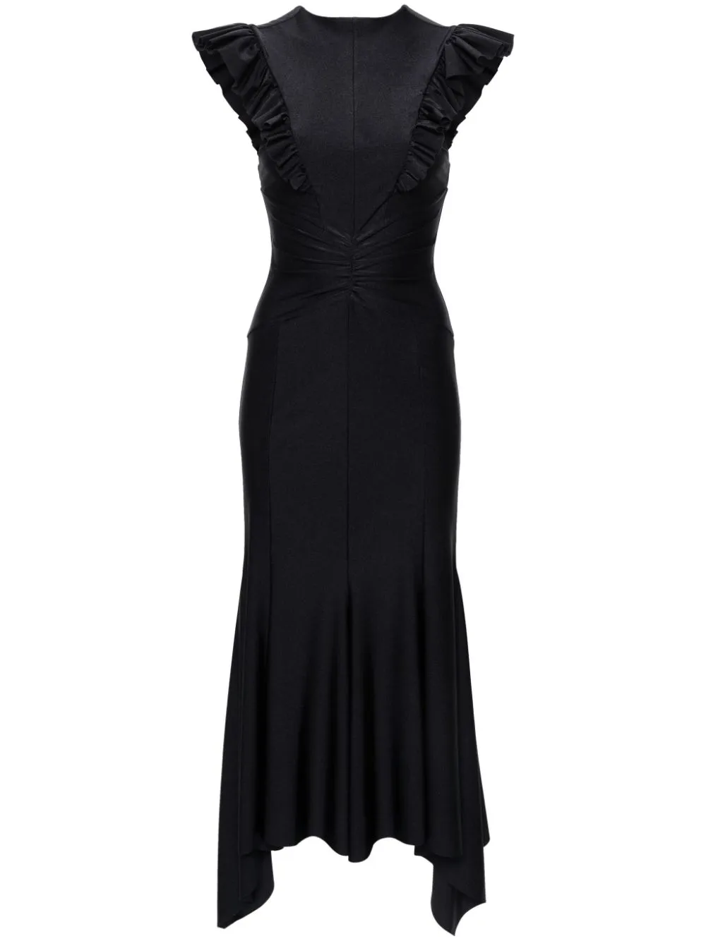 Abito maxi svasato con volant in nero - donna