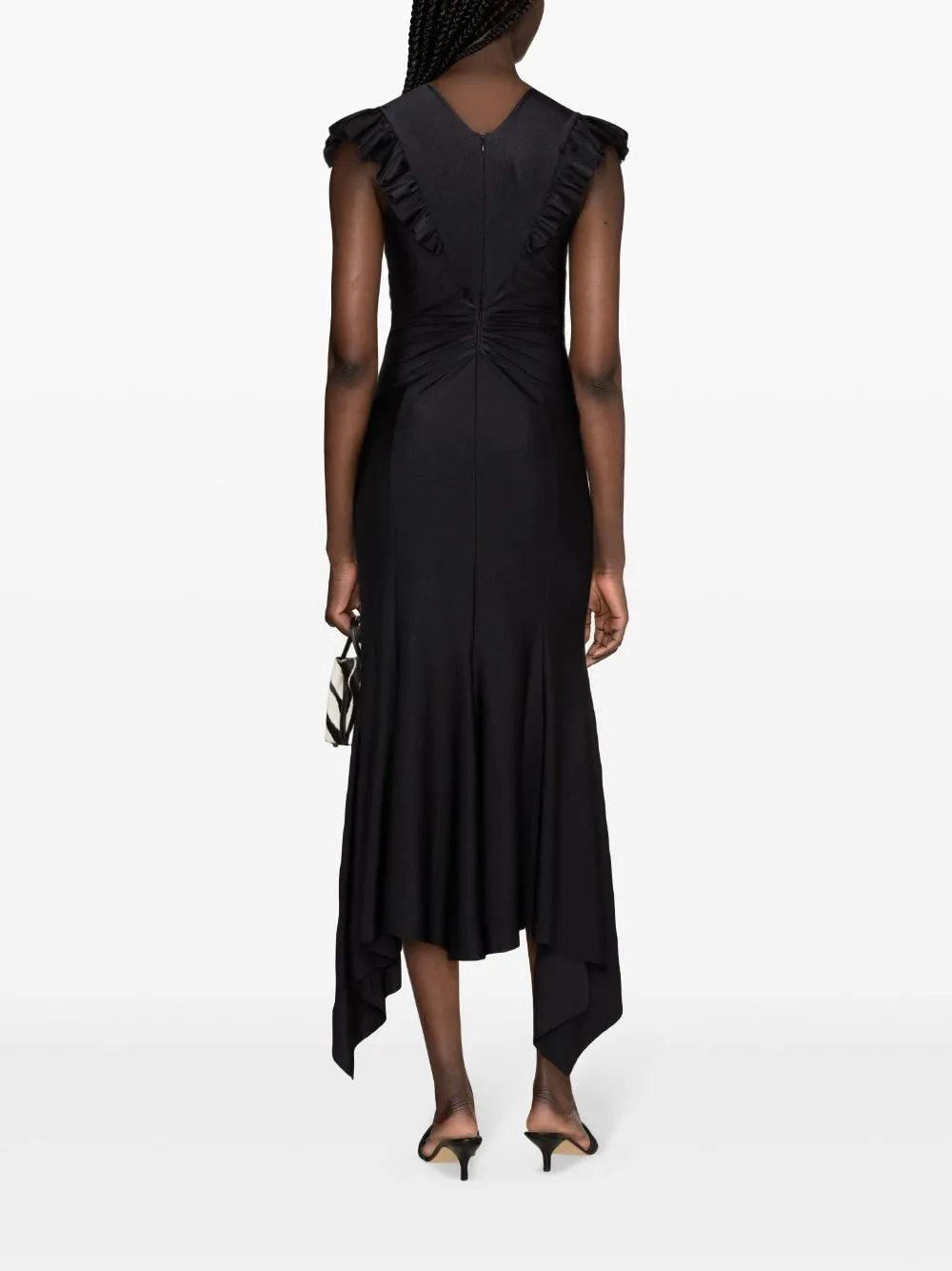 Abito maxi svasato con volant in nero - donna