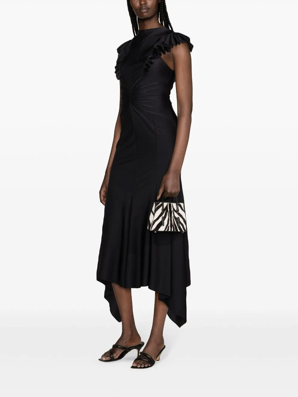 Abito maxi svasato con volant in nero - donna