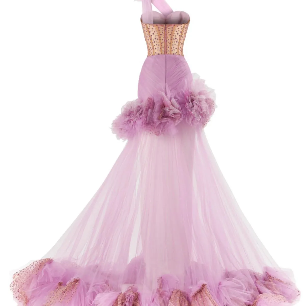 Accattivanti abiti da sera alti e bassi viola con una spalla, tulle glitterato, abito da spettacolo per celebrità, ballo di fine