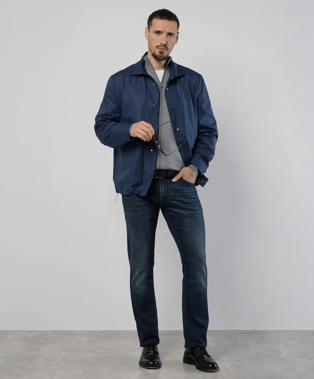 Brunello Cucinelli Giacca a vento blu realizzata in lino e seta MB4086114