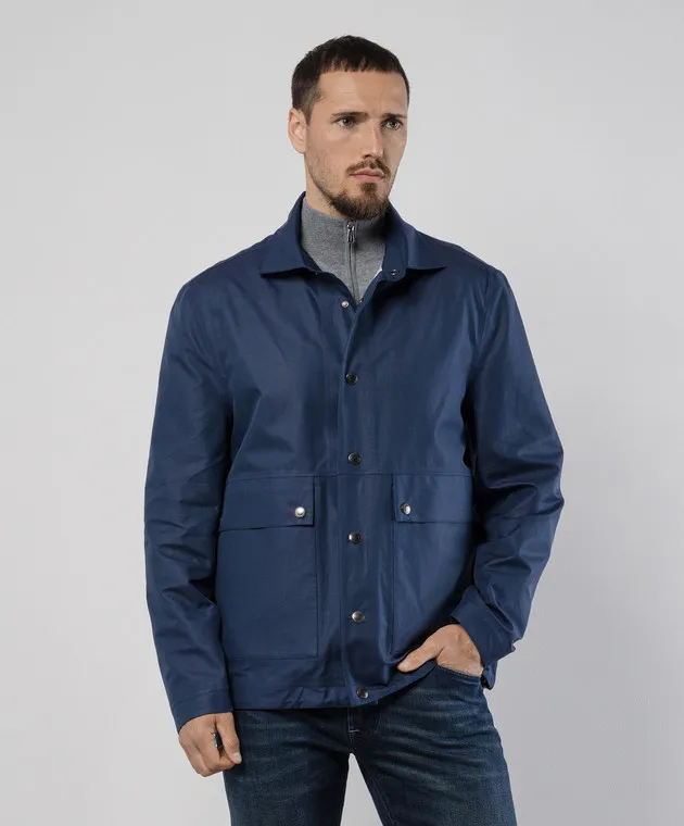 Brunello Cucinelli Giacca a vento blu realizzata in lino e seta MB4086114