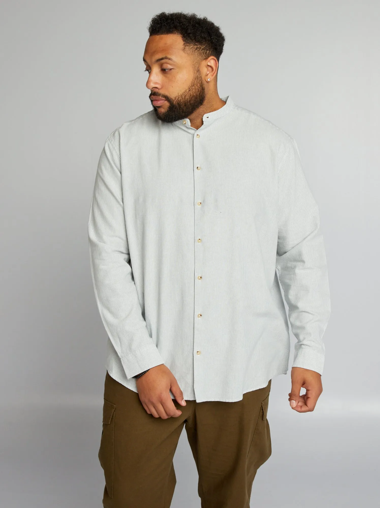 Camicia con collo alla coreana e maniche lunghe - KAKI