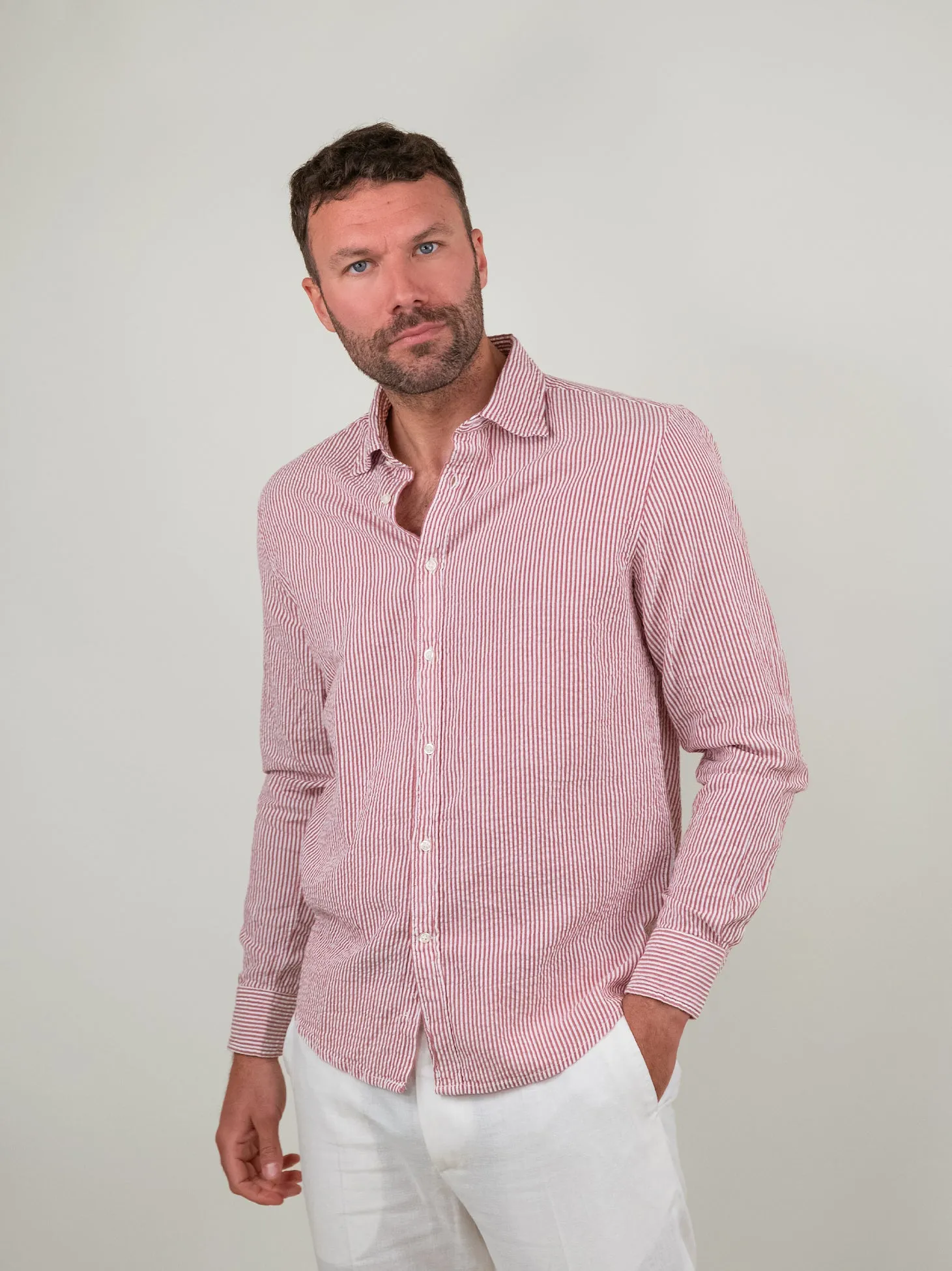 CAMICIA SEERSUCKER A RIGHE ROSA