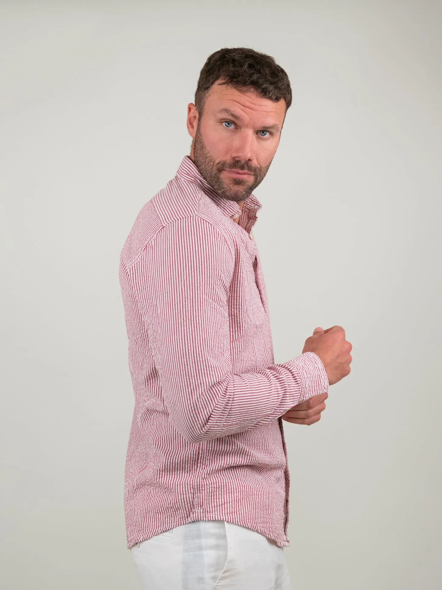 CAMICIA SEERSUCKER A RIGHE ROSA