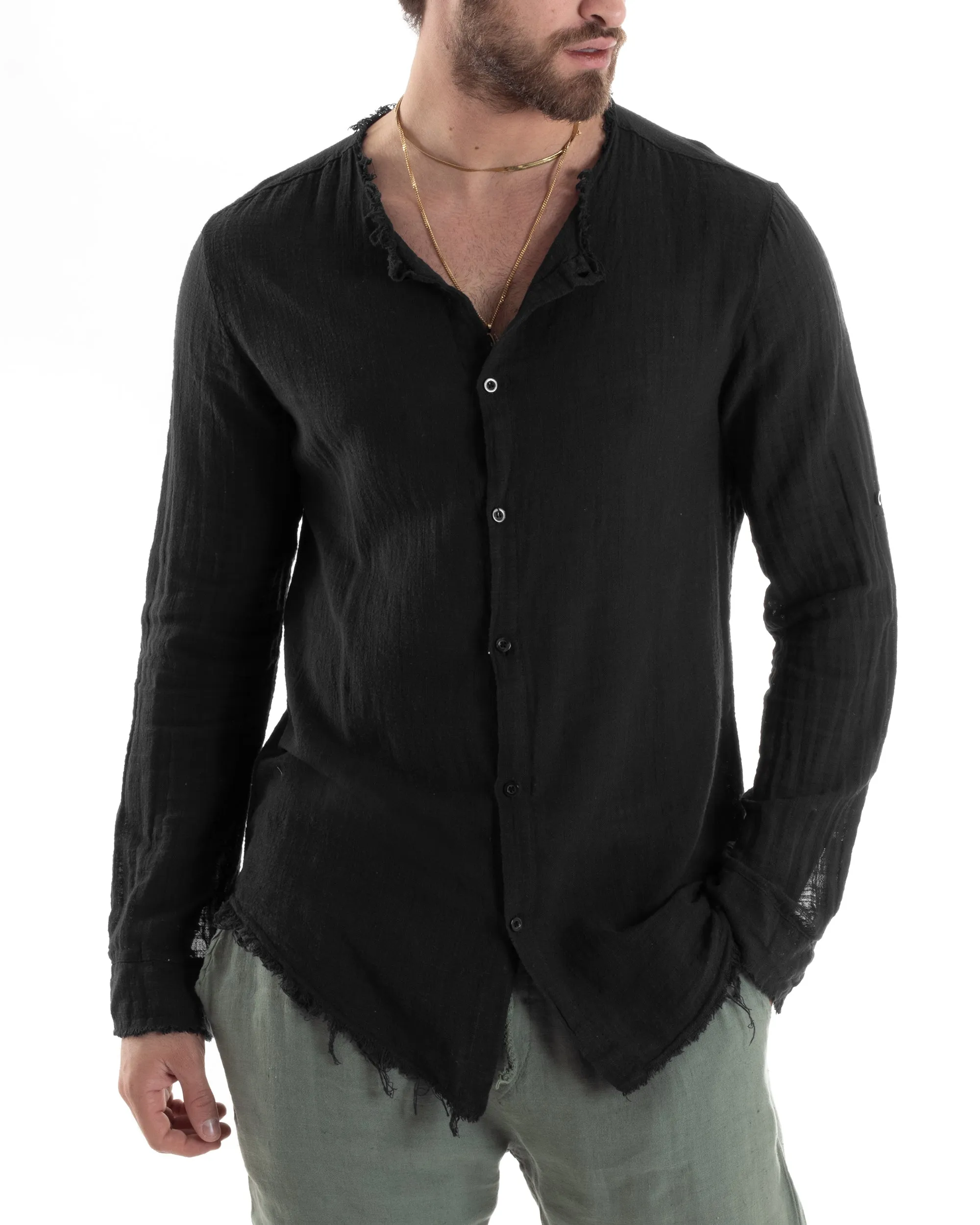 Camicia Uomo Sfrangiata Cotone Lino Manica Lunga Tinta Unita Nero GIOSAL-C2843A