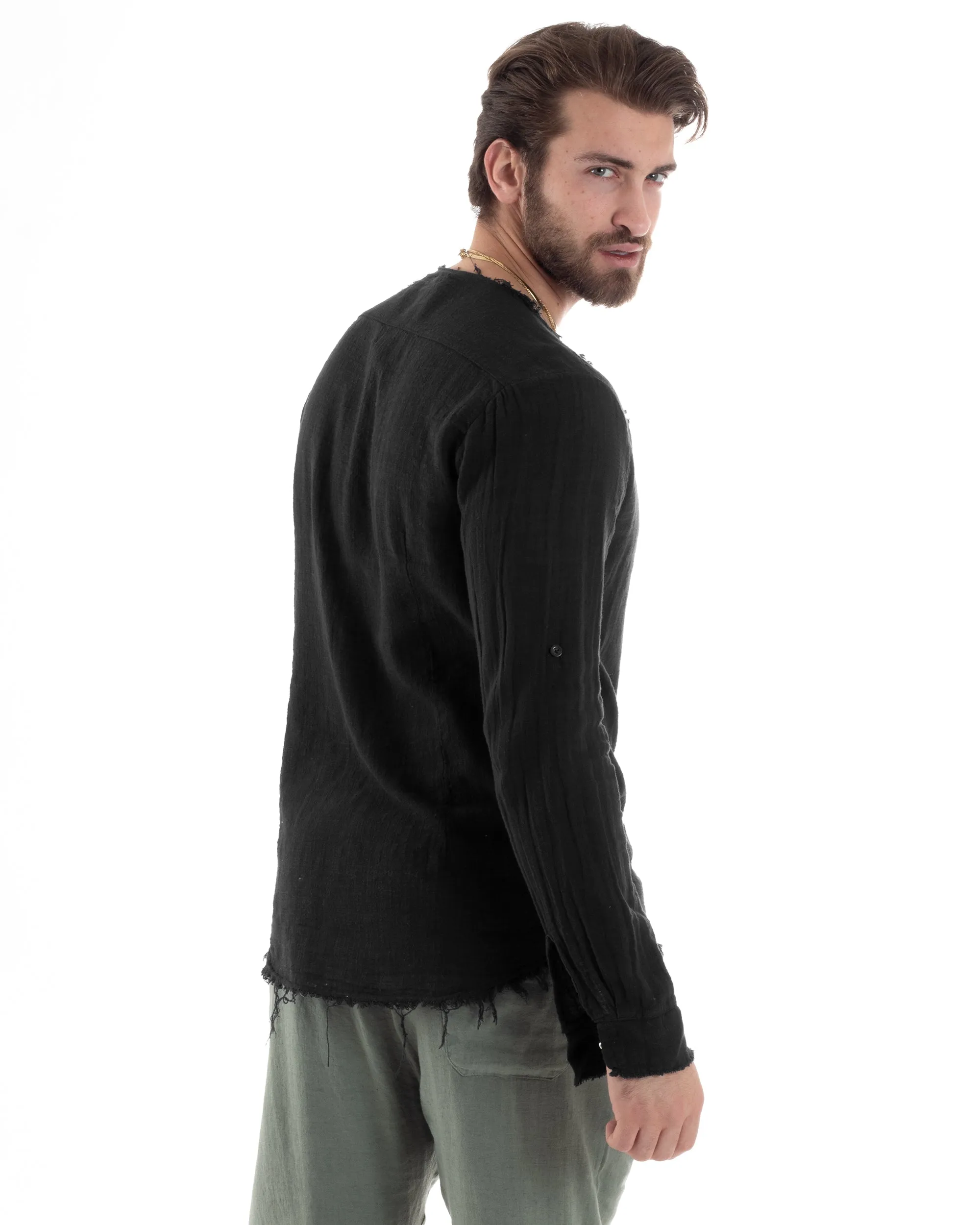 Camicia Uomo Sfrangiata Cotone Lino Manica Lunga Tinta Unita Nero GIOSAL-C2843A