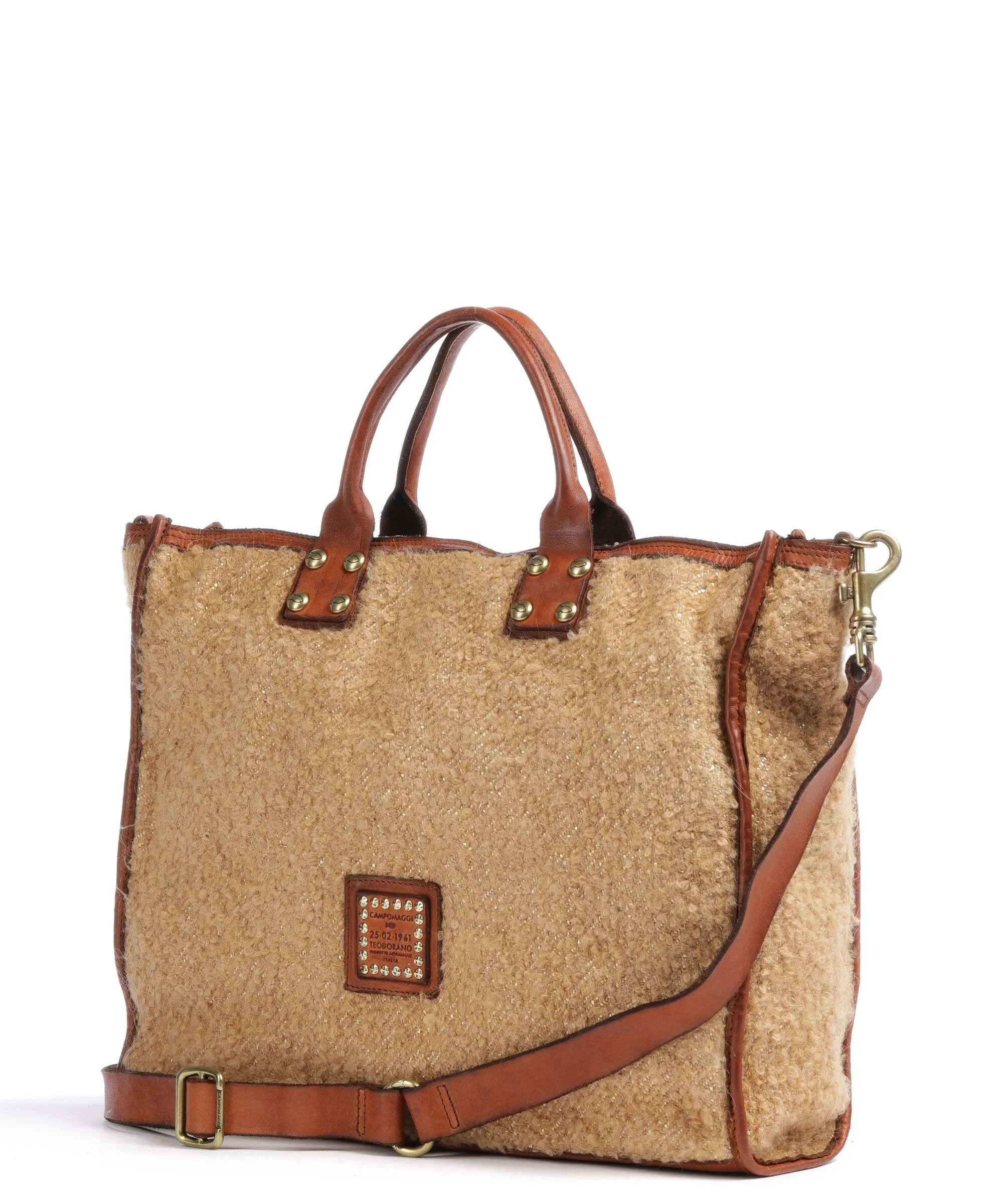  Campomaggi Borsa a mano pelle di vacchetta grana, eco-pelliccia cognac  