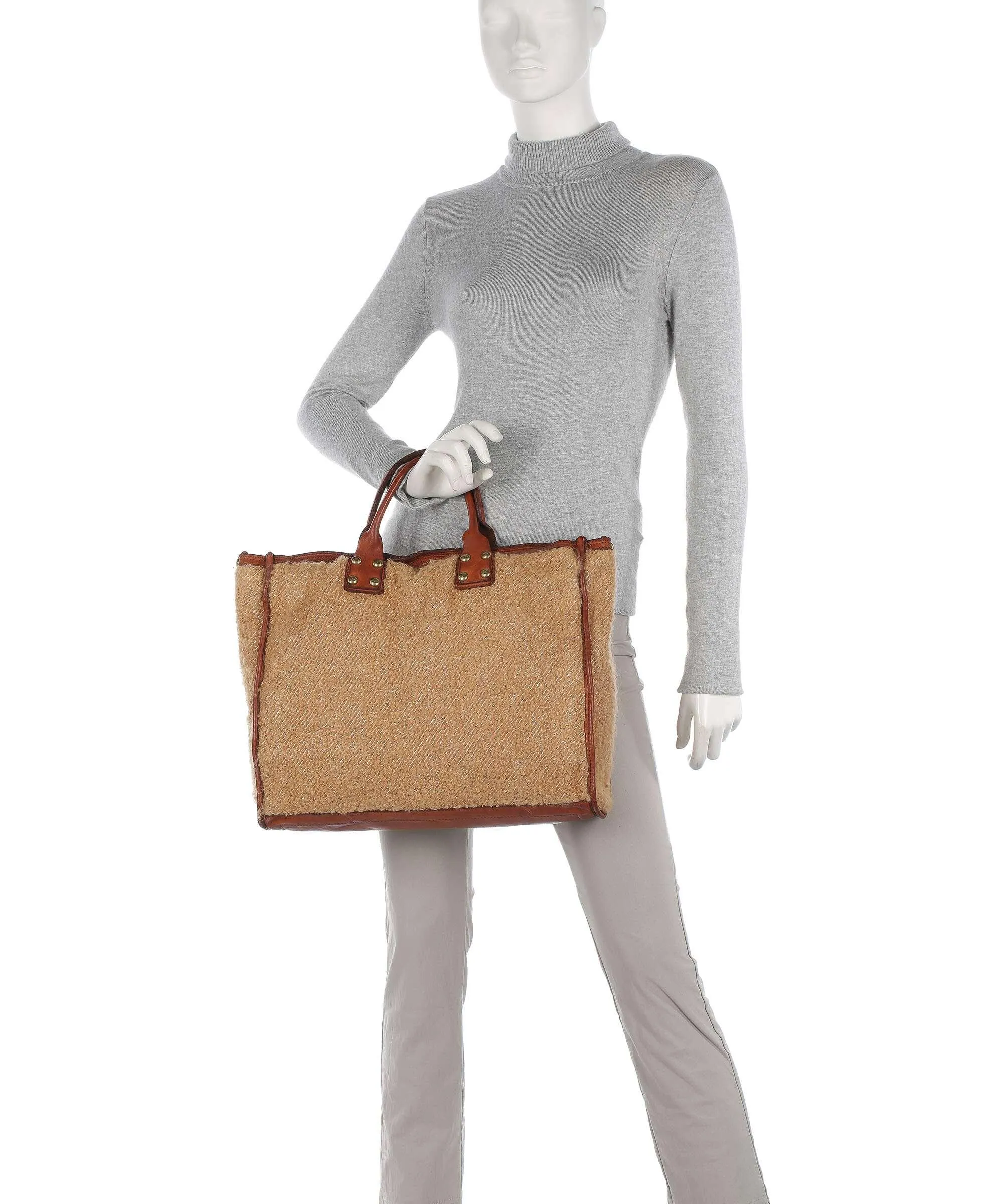  Campomaggi Borsa a mano pelle di vacchetta grana, eco-pelliccia cognac  