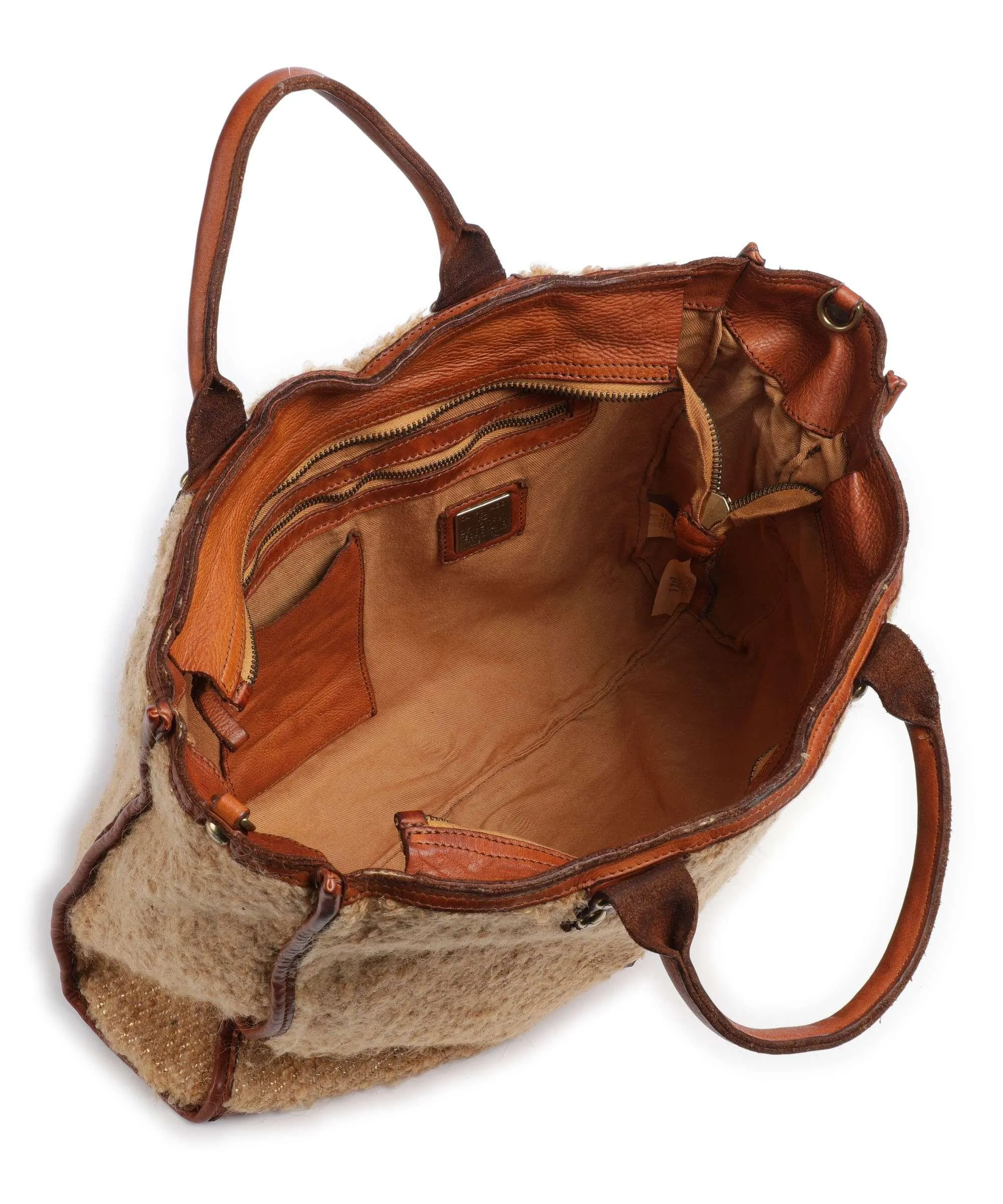  Campomaggi Borsa a mano pelle di vacchetta grana, eco-pelliccia cognac  