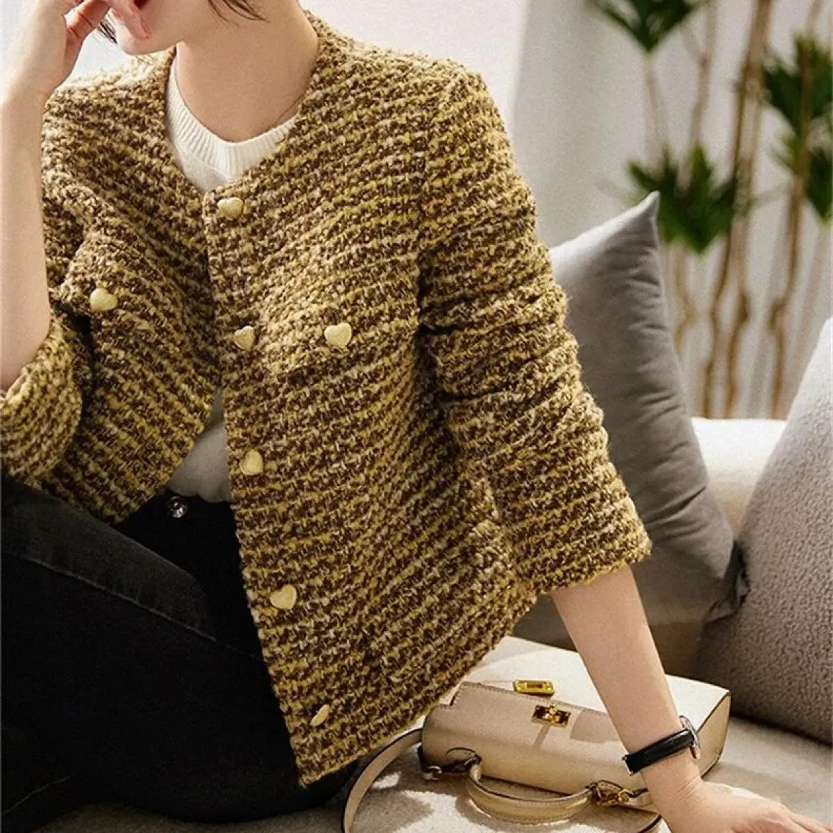 Cappotto corto oro da donna Autunno Inverno Cappotto in tweed di nuova moda Elegante giacca outwear retrò femminile Ol