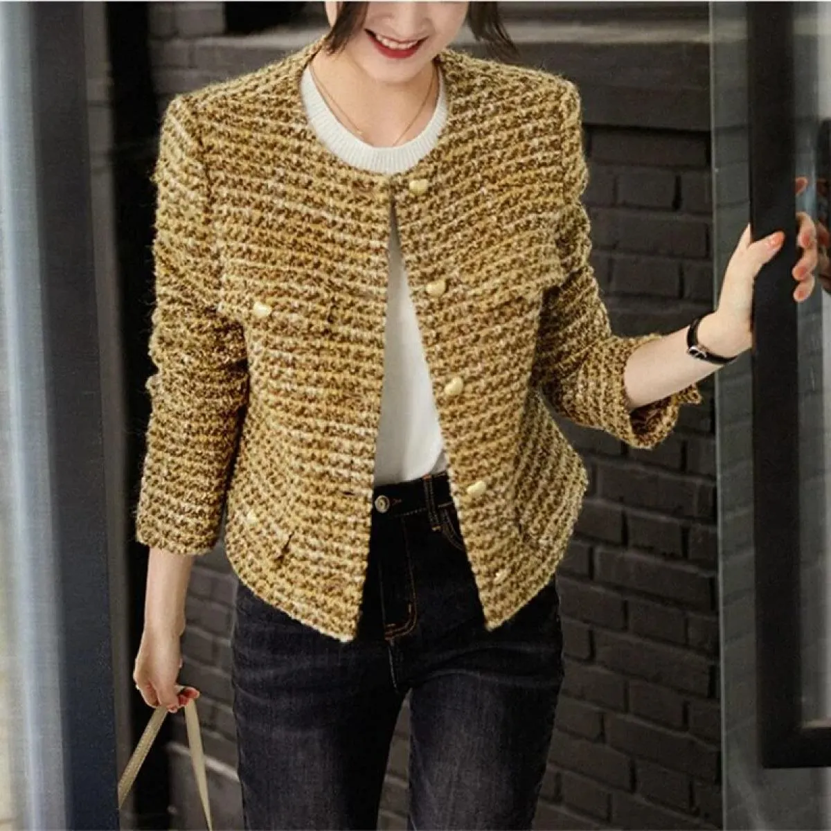 Cappotto corto oro da donna Autunno Inverno Cappotto in tweed di nuova moda Elegante giacca outwear retrò femminile Ol