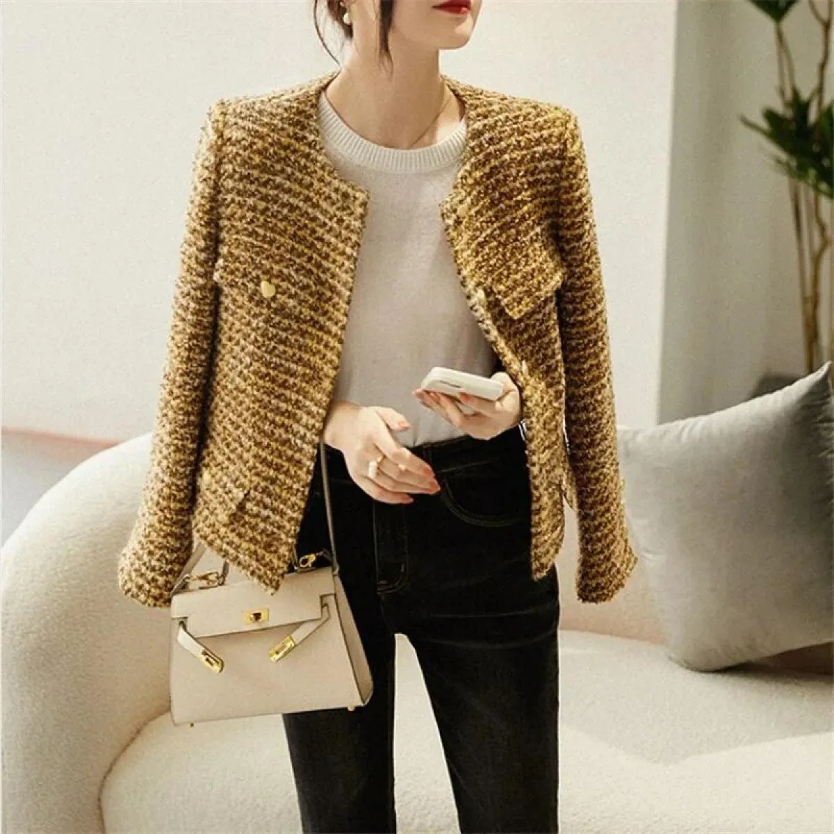 Cappotto corto oro da donna Autunno Inverno Cappotto in tweed di nuova moda Elegante giacca outwear retrò femminile Ol