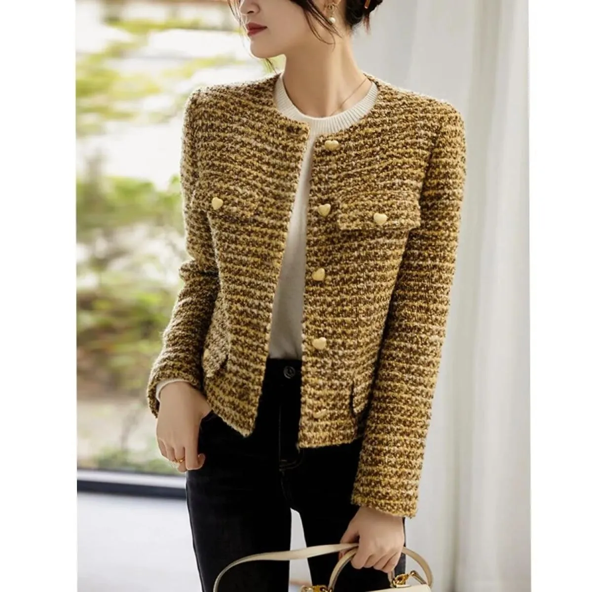 Cappotto corto oro da donna Autunno Inverno Cappotto in tweed di nuova moda Elegante giacca outwear retrò femminile Ol