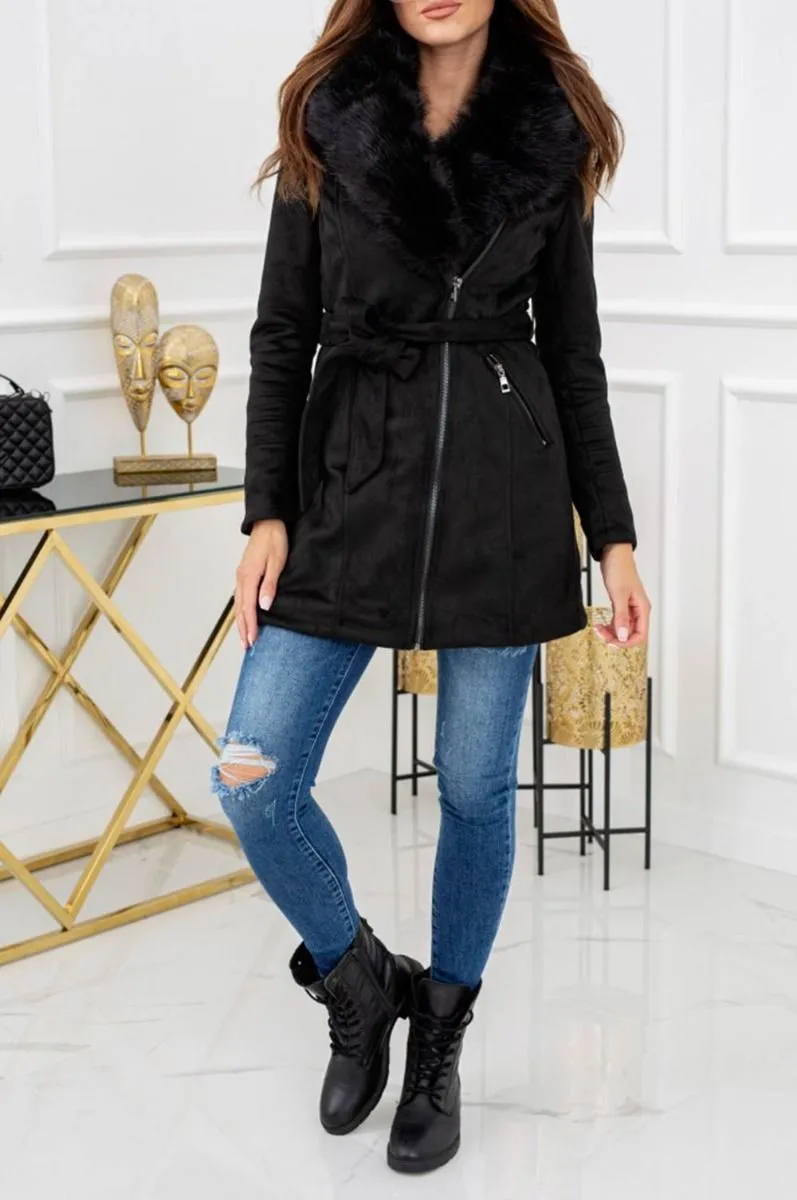 Cappotto lungo nero scamosciato con laccio e collo in ecopelliccia