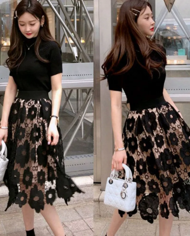 Elegante Moda Pizzo Gancio Fiore Hollow Midi Gonna 2022 Estate Nuova Signora Dellufficio Pendolarismo Tutto Fiammifero Elastico