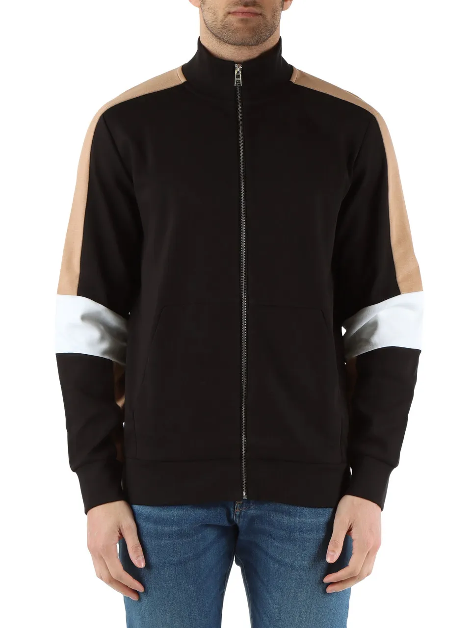 Felpa con zip in misto cotone con inserti a contrasto