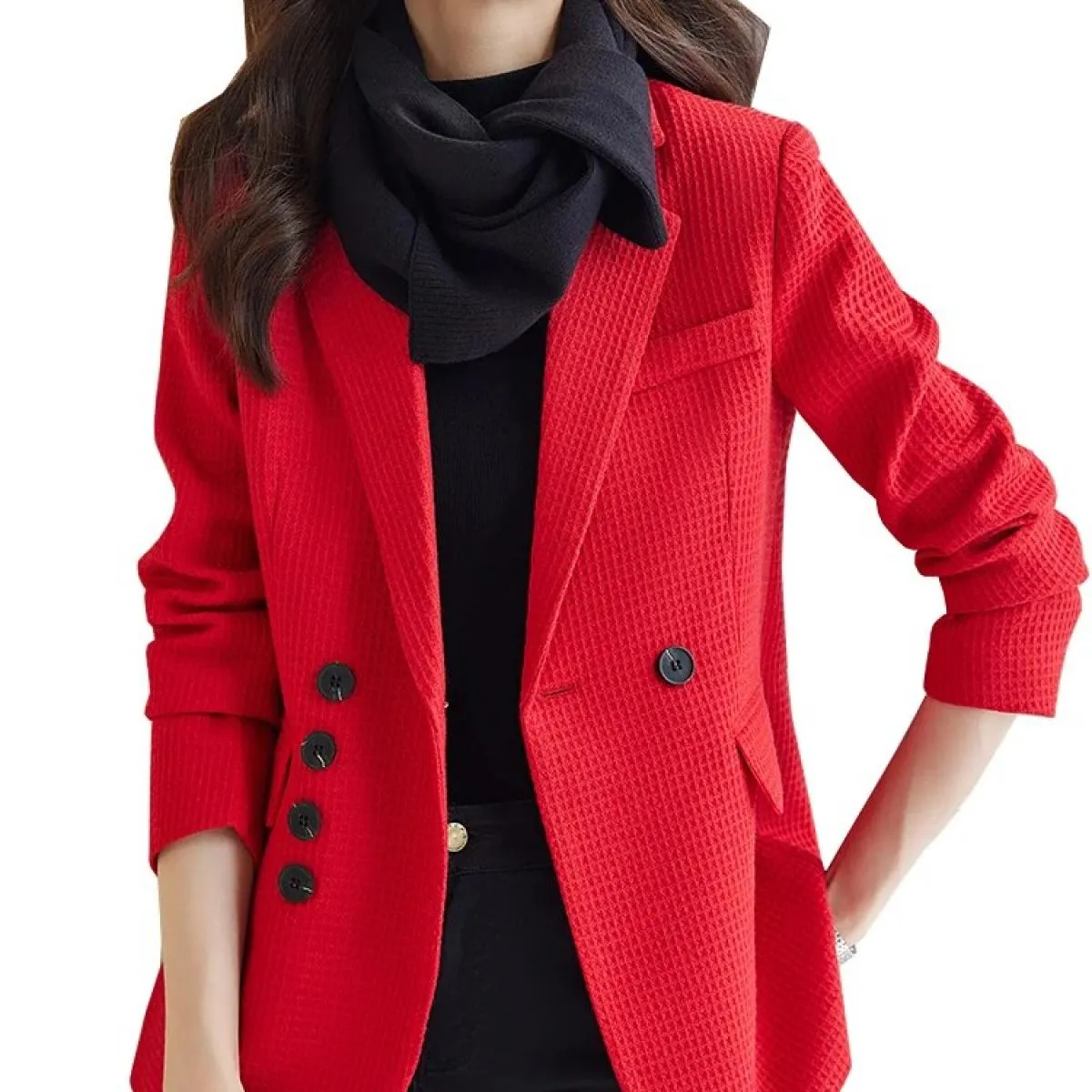 Giacca da donna casual scozzese rossa verde nera Giacca da donna con decorazione a bottoni a maniche lunghe per l'autunno invern