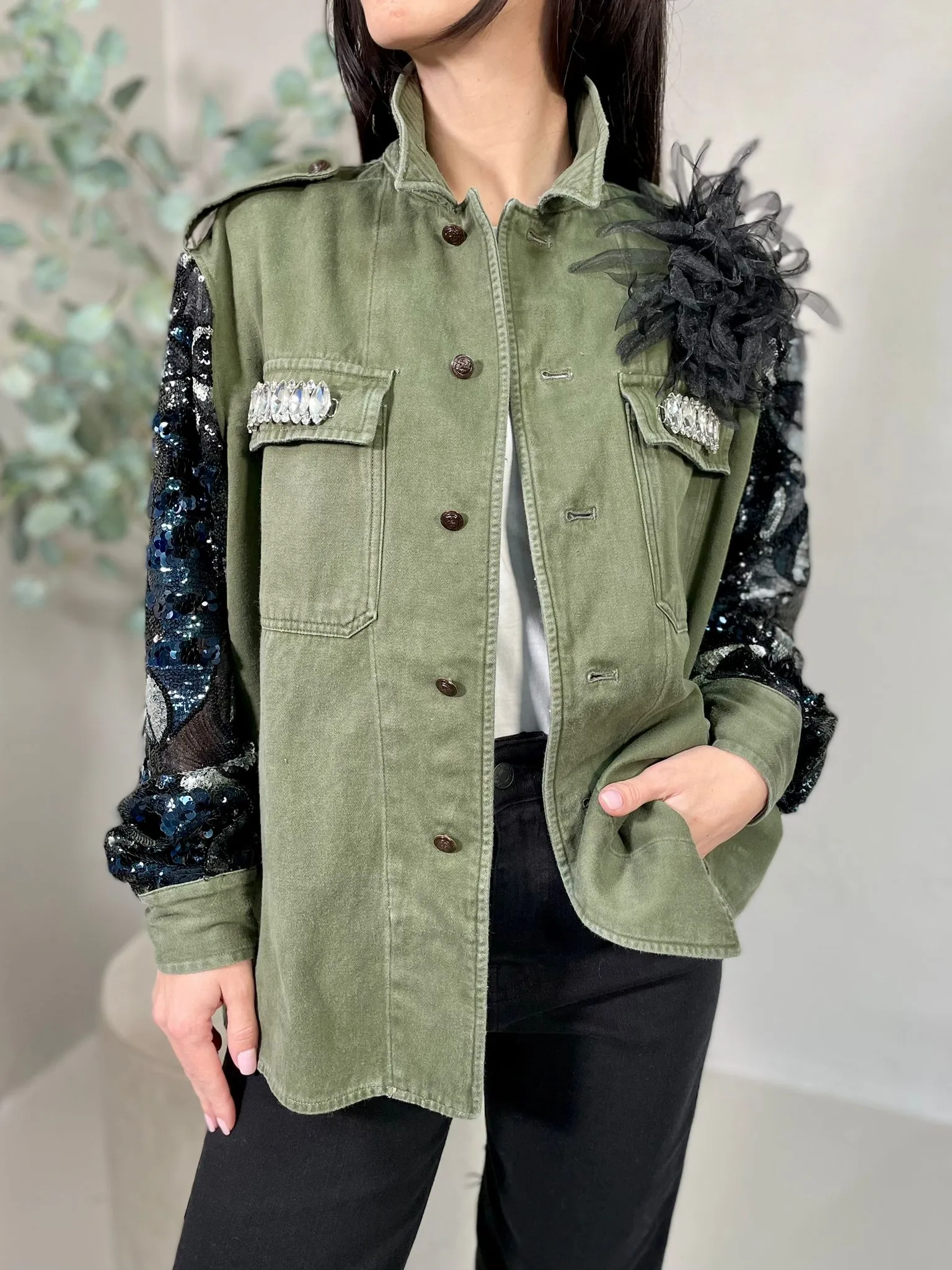 Giacca Militare Vintage Paillettes Fiore Blu