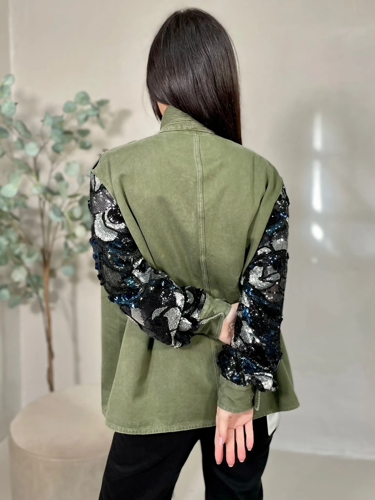 Giacca Militare Vintage Paillettes Fiore Blu