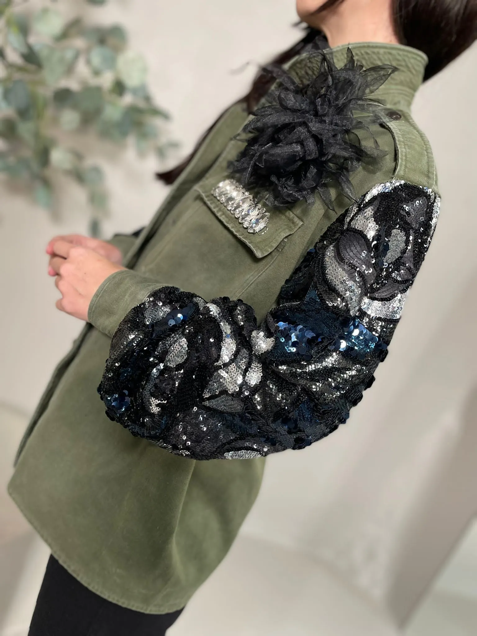 Giacca Militare Vintage Paillettes Fiore Blu