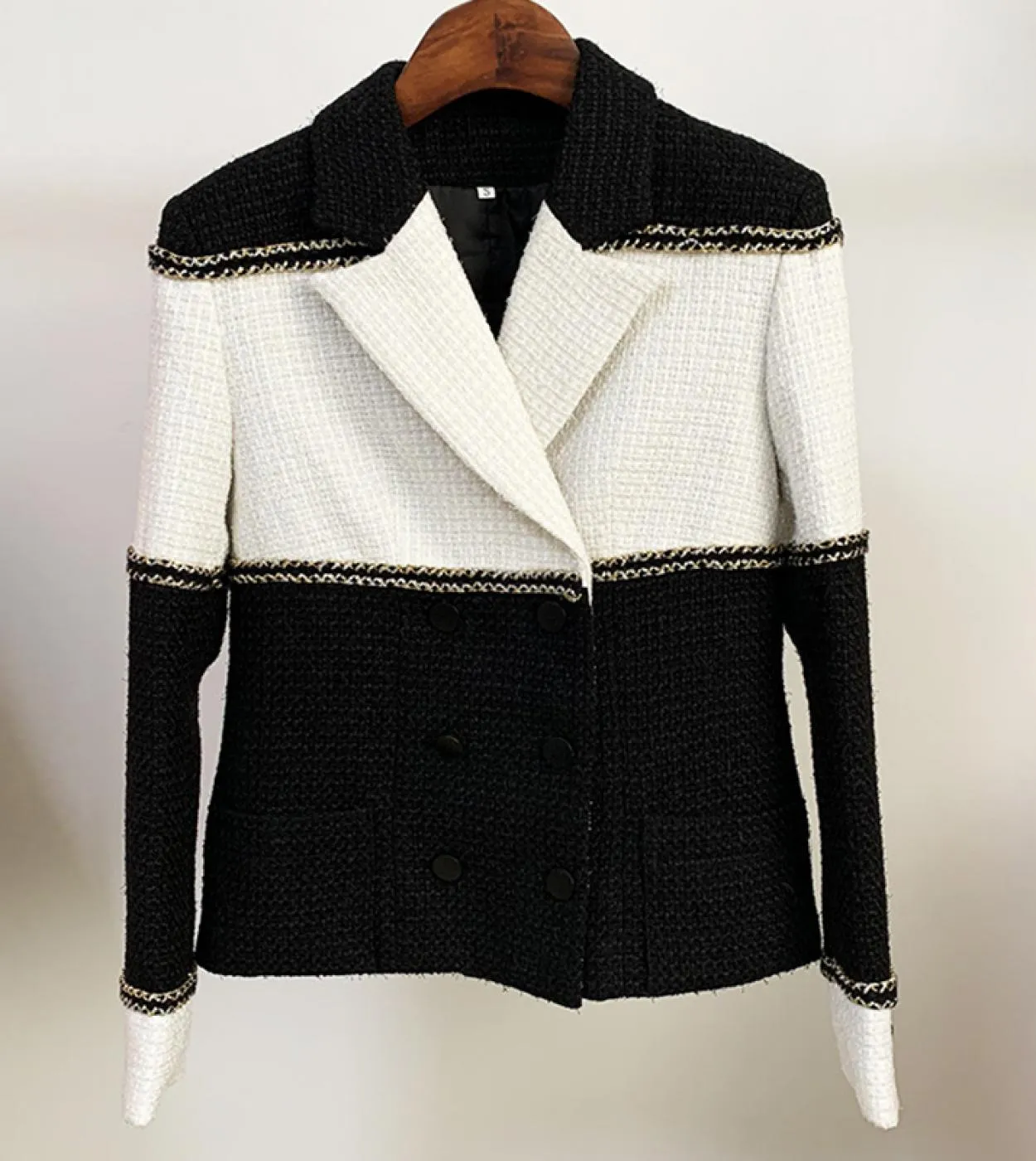 Giacche di lana Blazer Donna Autunno Inverno New Black White Patchwork Blazer doppiopetto in lana da donna Alta qualità