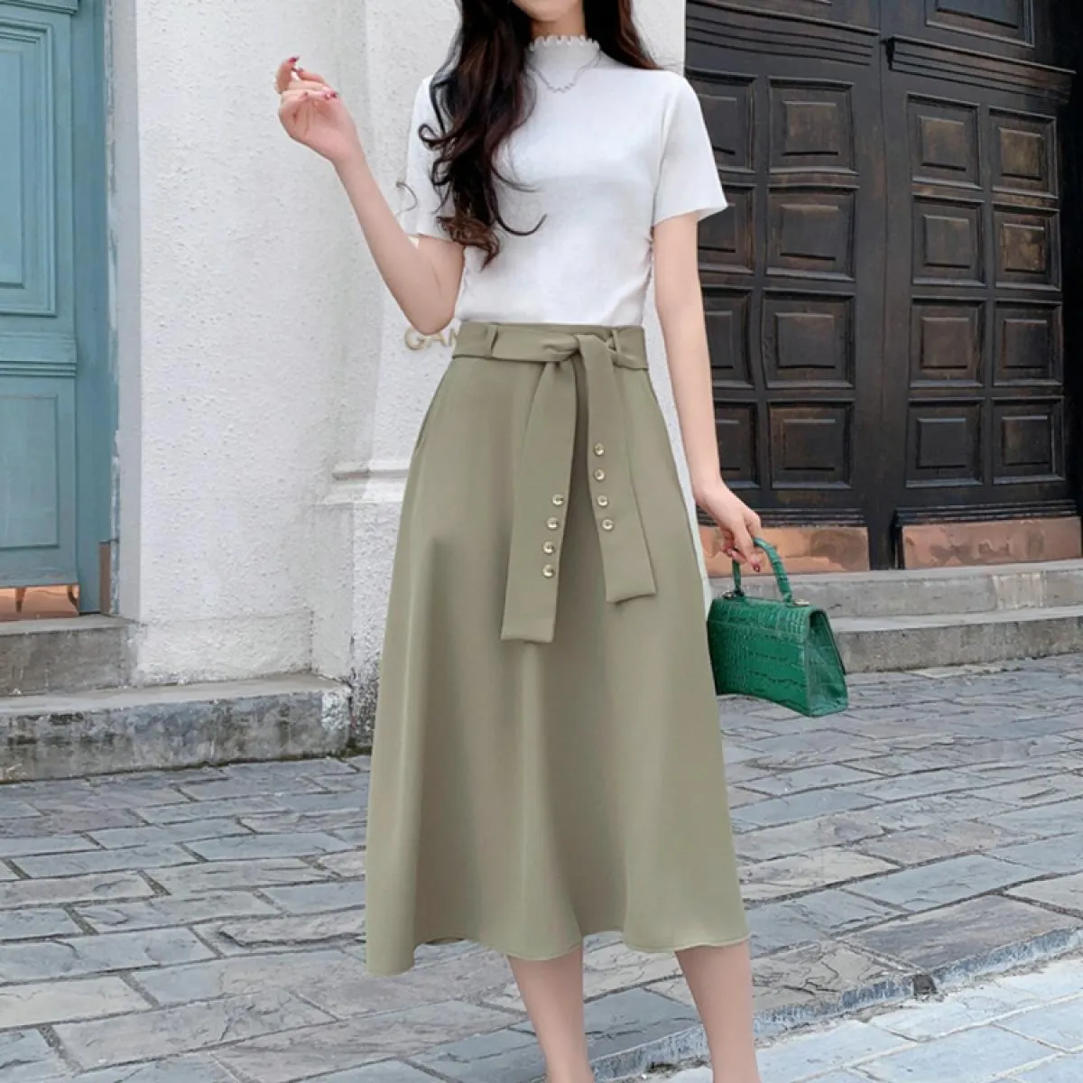 Gonna longuette elegante tinta unita da donna con cintura Tasche laterali a vita alta moda Slim Gonne midi 2023 Primavera K249