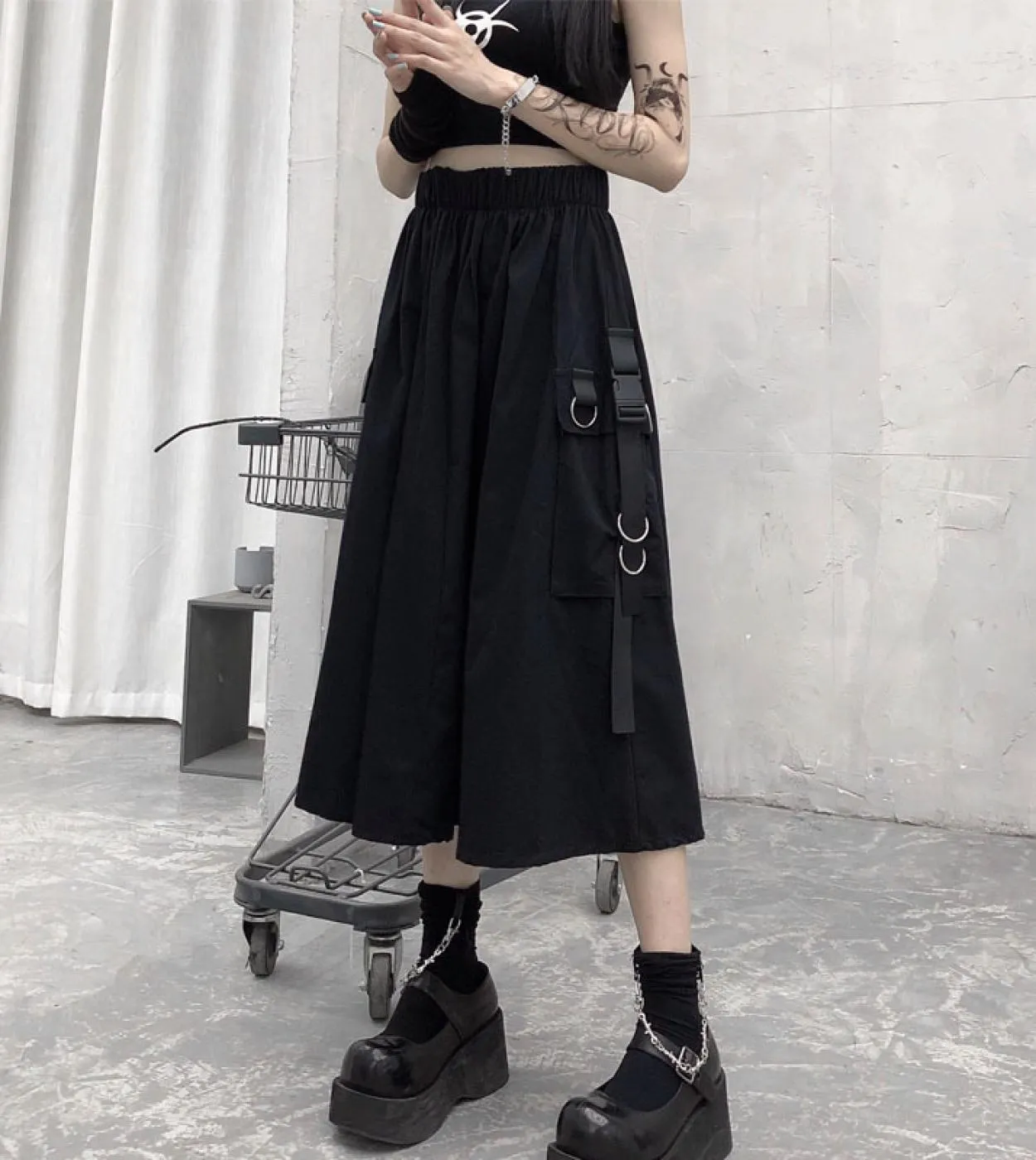 Gonna lunga gotica Tasca a catena nera Gonna midi a vita alta Donna Estate Harajuku Punk Streetwear Mall Goth Hip Hop Skir