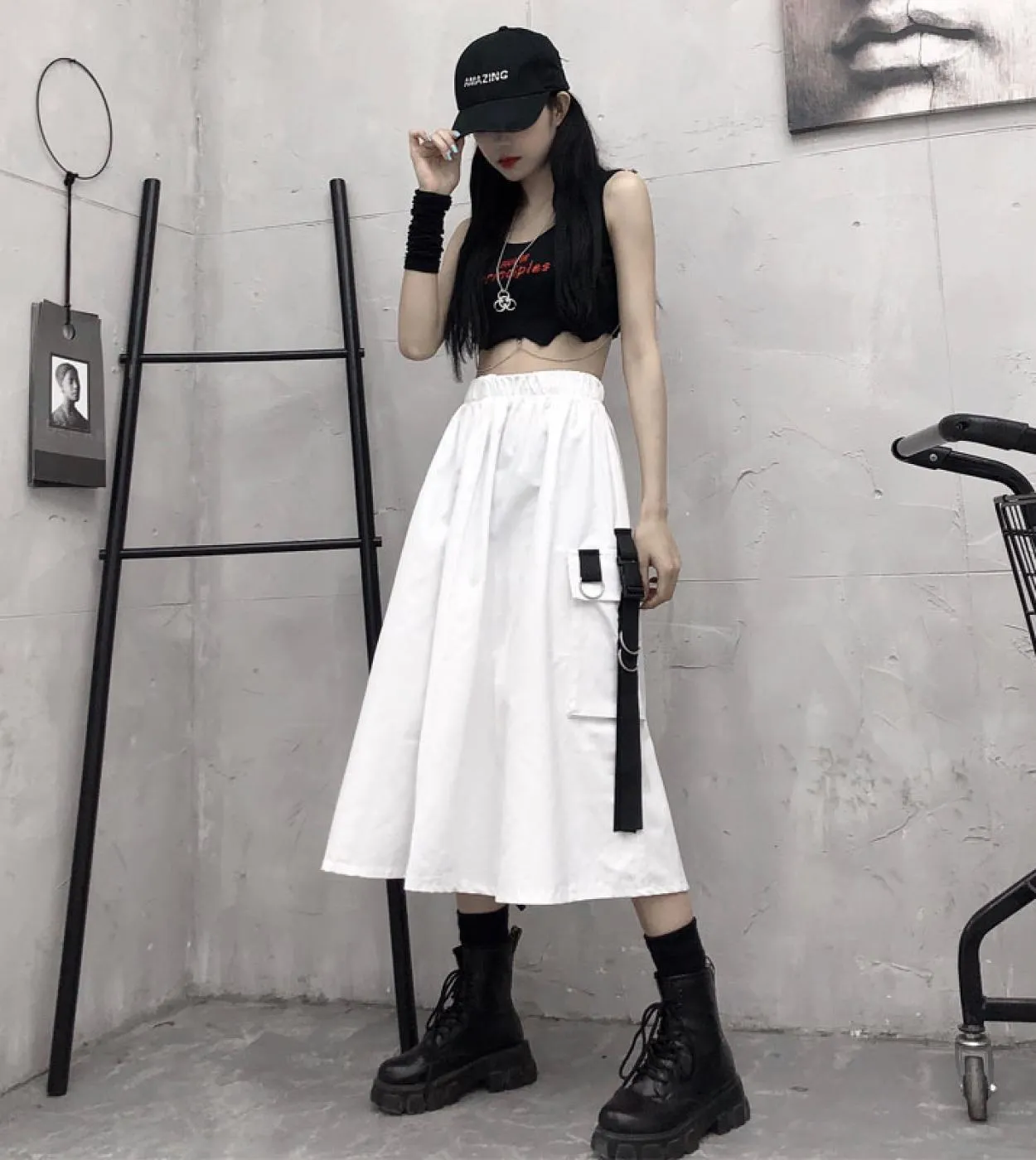 Gonna lunga gotica Tasca a catena nera Gonna midi a vita alta Donna Estate Harajuku Punk Streetwear Mall Goth Hip Hop Skir