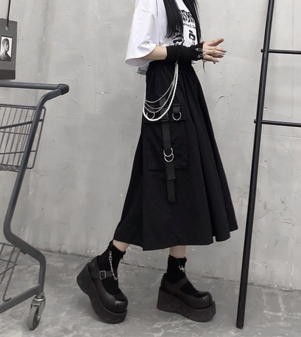 Gonna lunga gotica Tasca a catena nera Gonna midi a vita alta Donna Estate Harajuku Punk Streetwear Mall Goth Hip Hop Skir