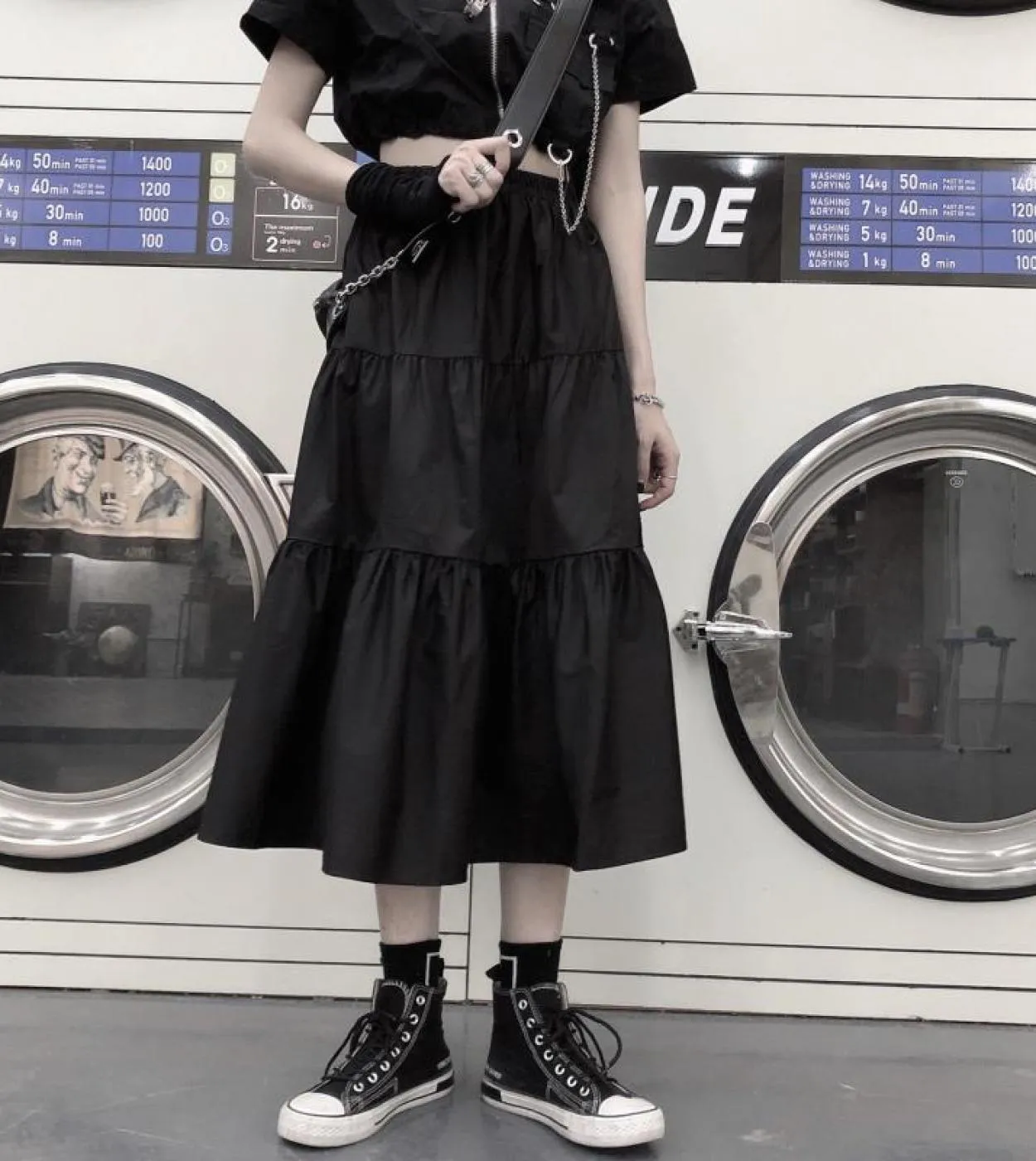 Gonne lunghe gotiche Donna Goth nero Gonna midi patchwork a vita alta Stile estivo Harajuku Punk Streetwear Gonne