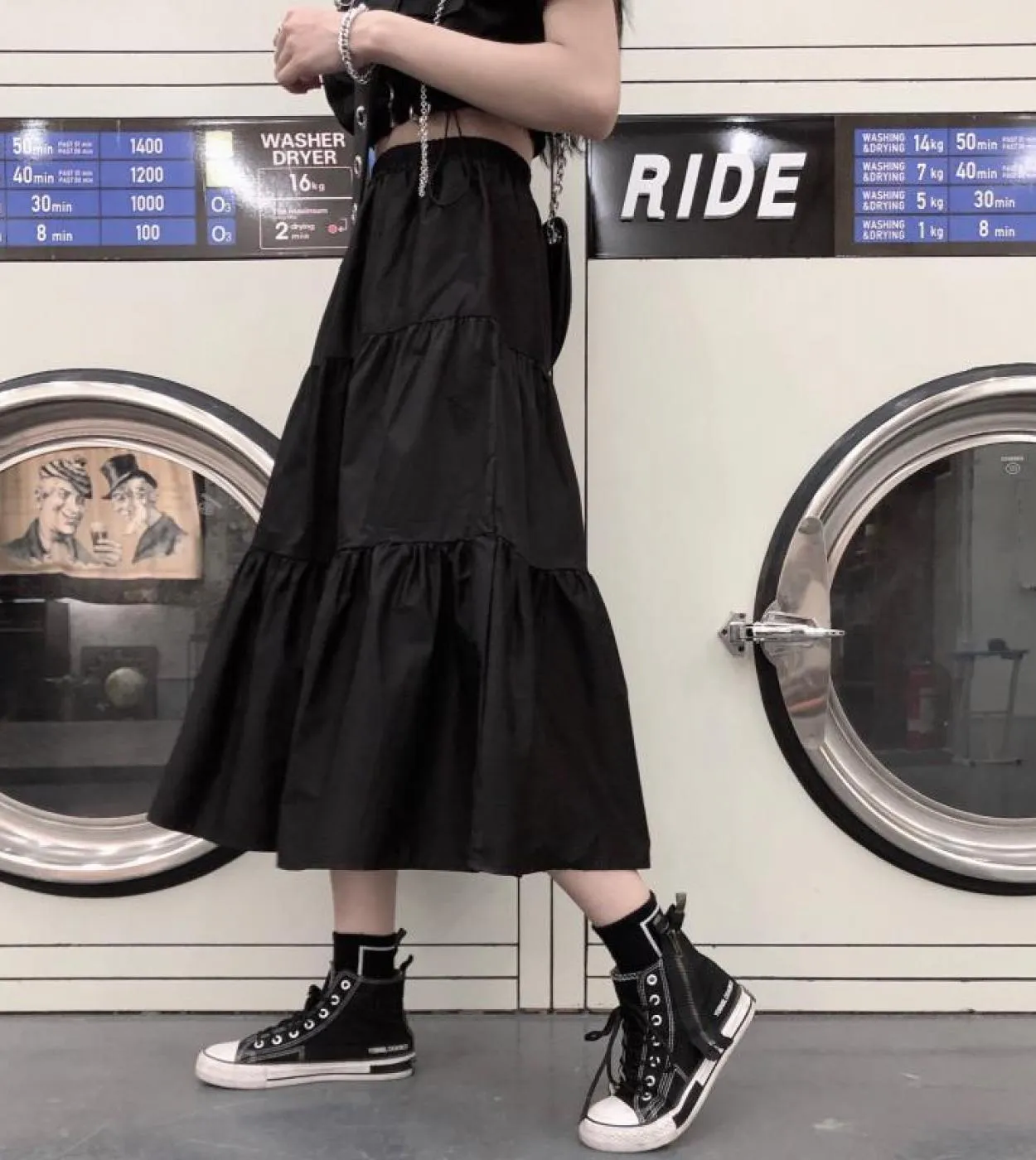 Gonne lunghe gotiche Donna Goth nero Gonna midi patchwork a vita alta Stile estivo Harajuku Punk Streetwear Gonne