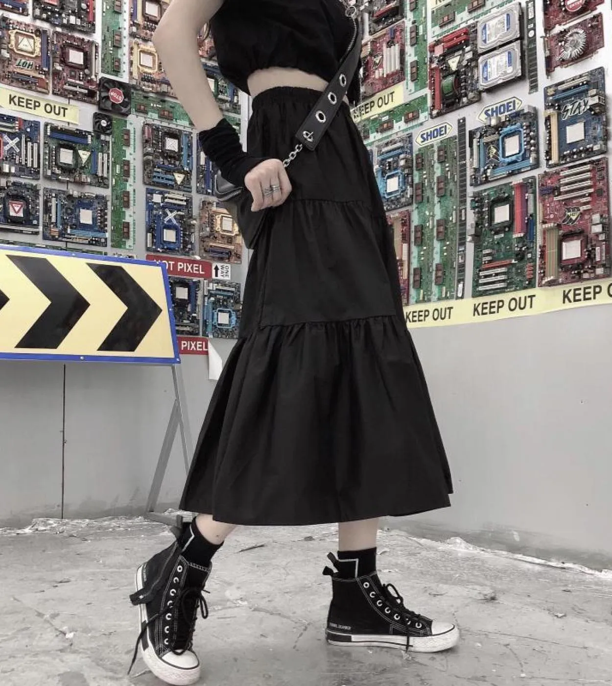 Gonne lunghe gotiche Donna Goth nero Gonna midi patchwork a vita alta Stile estivo Harajuku Punk Streetwear Gonne