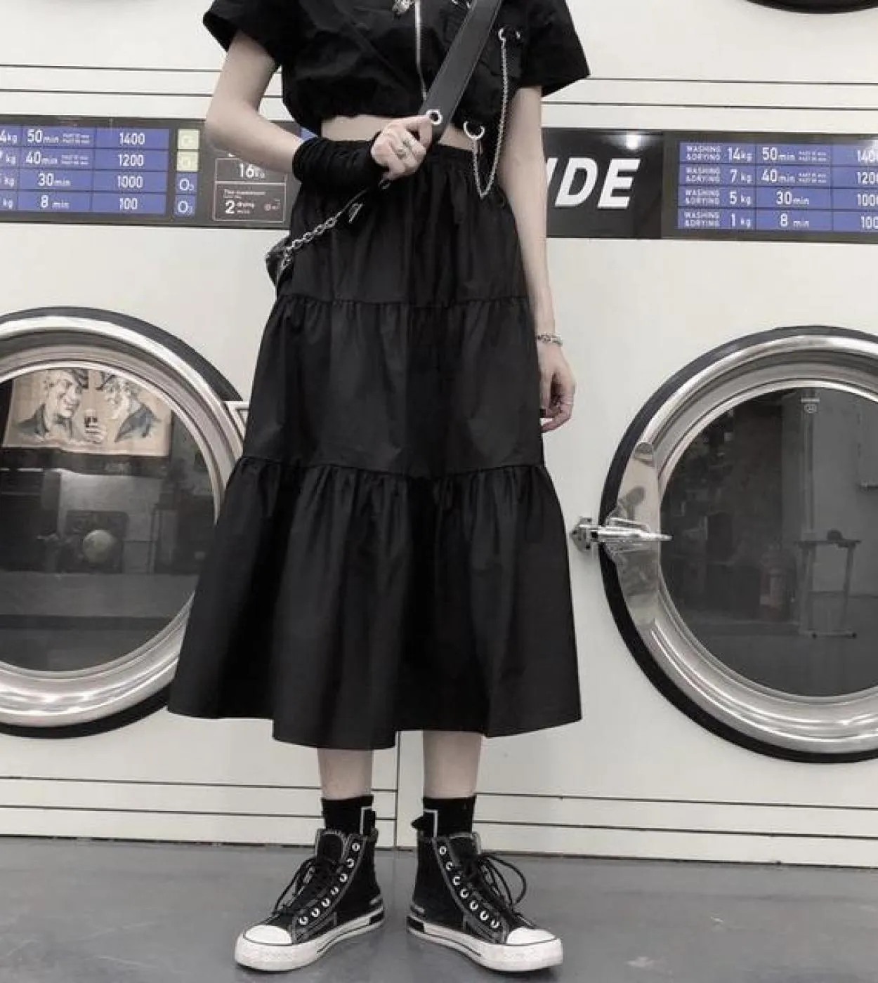 Gonne lunghe gotiche Donna Goth nero Gonna midi patchwork a vita alta Stile estivo Harajuku Punk Streetwear Gonne