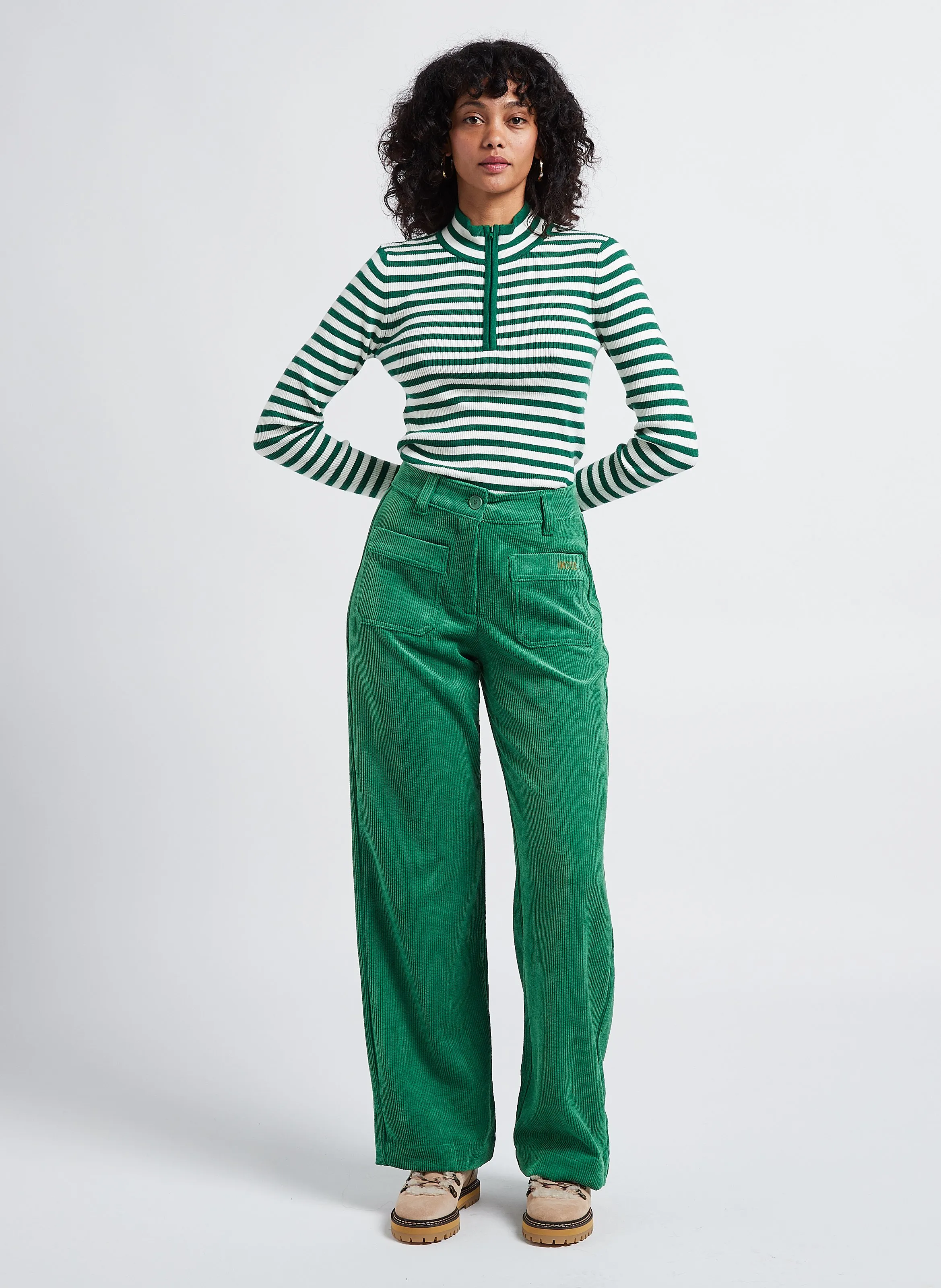  INDEE   ONLY - Pantaloni larghi a vita alta a coste | Verde