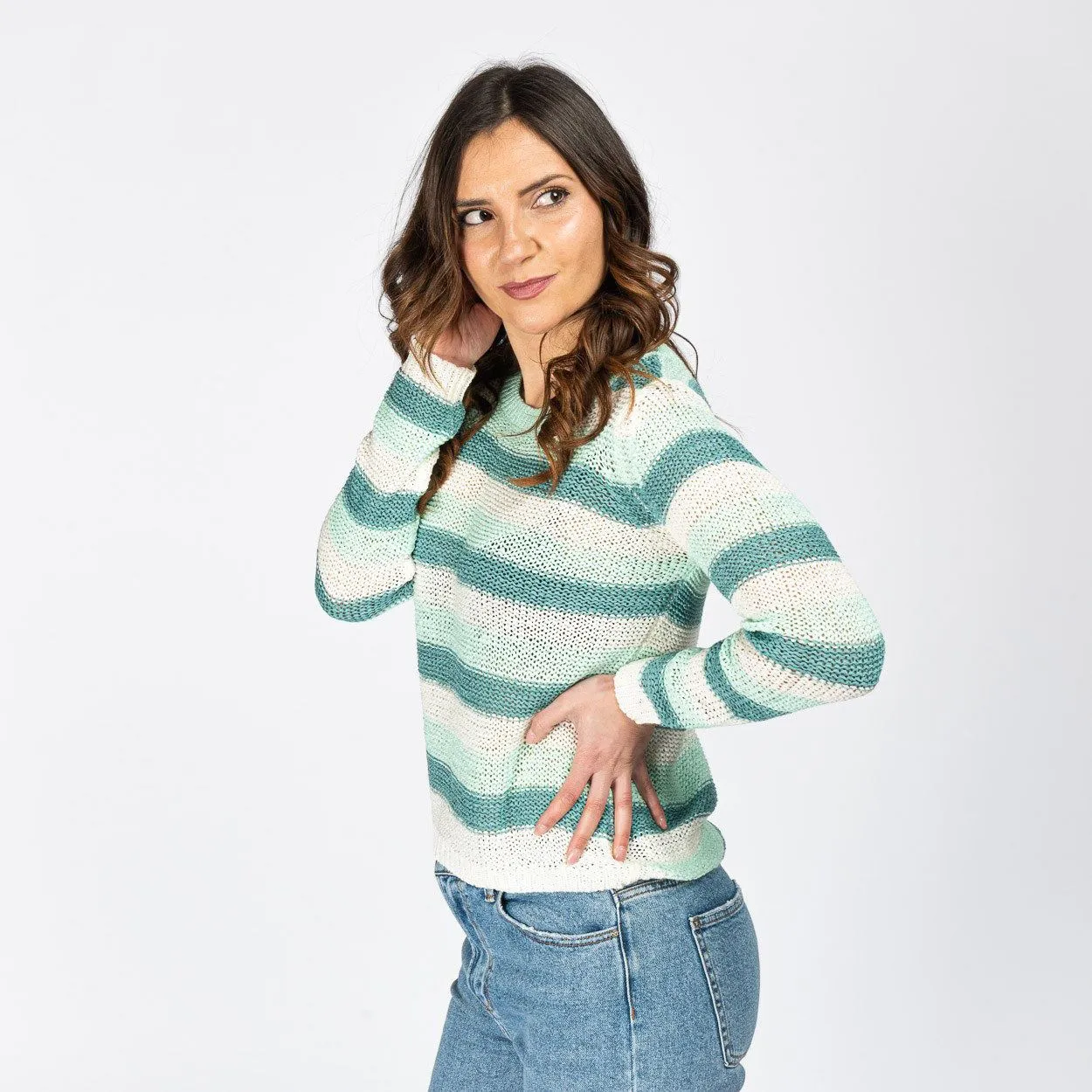 JACQUELINE de YONG - MAGLIA PULLOVER DI FILO A RIGHE MENTA                                            Previous productJACQUELINE