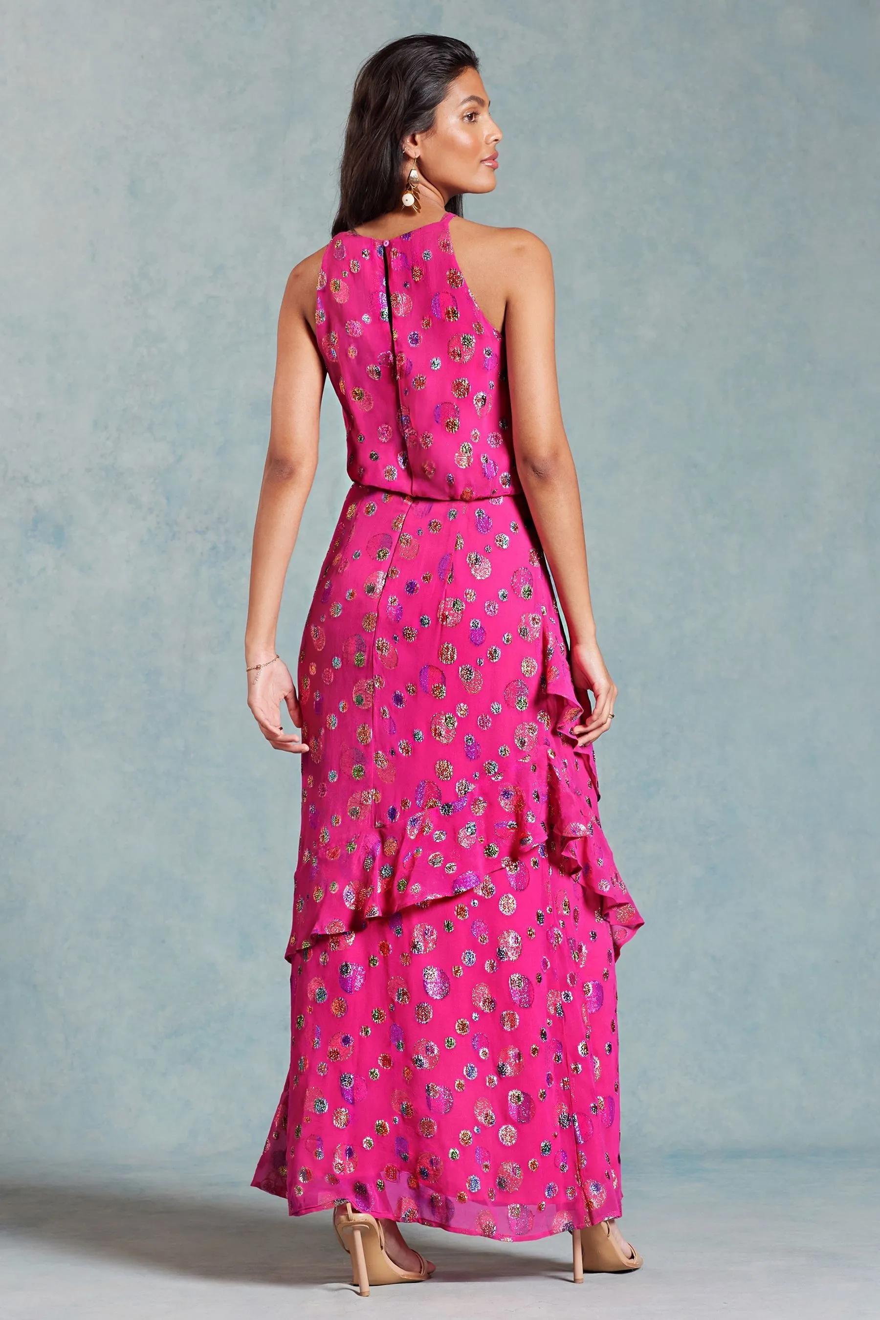 Love & Roses - Abito maxi con scollo all'americana e volant
