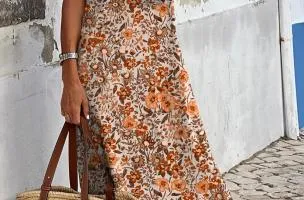 Maxi abito con stampa floreale, arancione