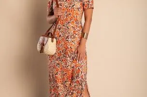 Maxi abito con stampa floreale, arancione
