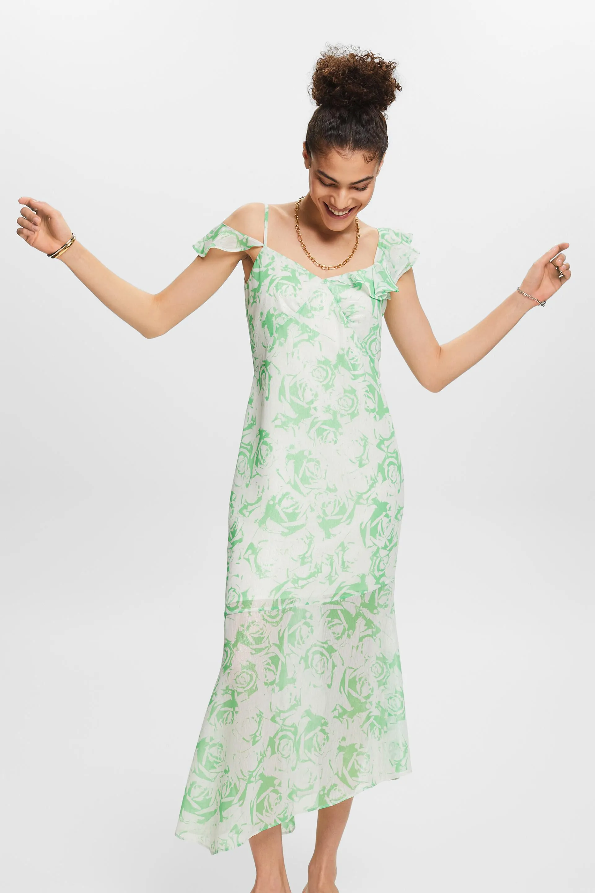 Maxi abito in chiffon stampato con spalle scoperte