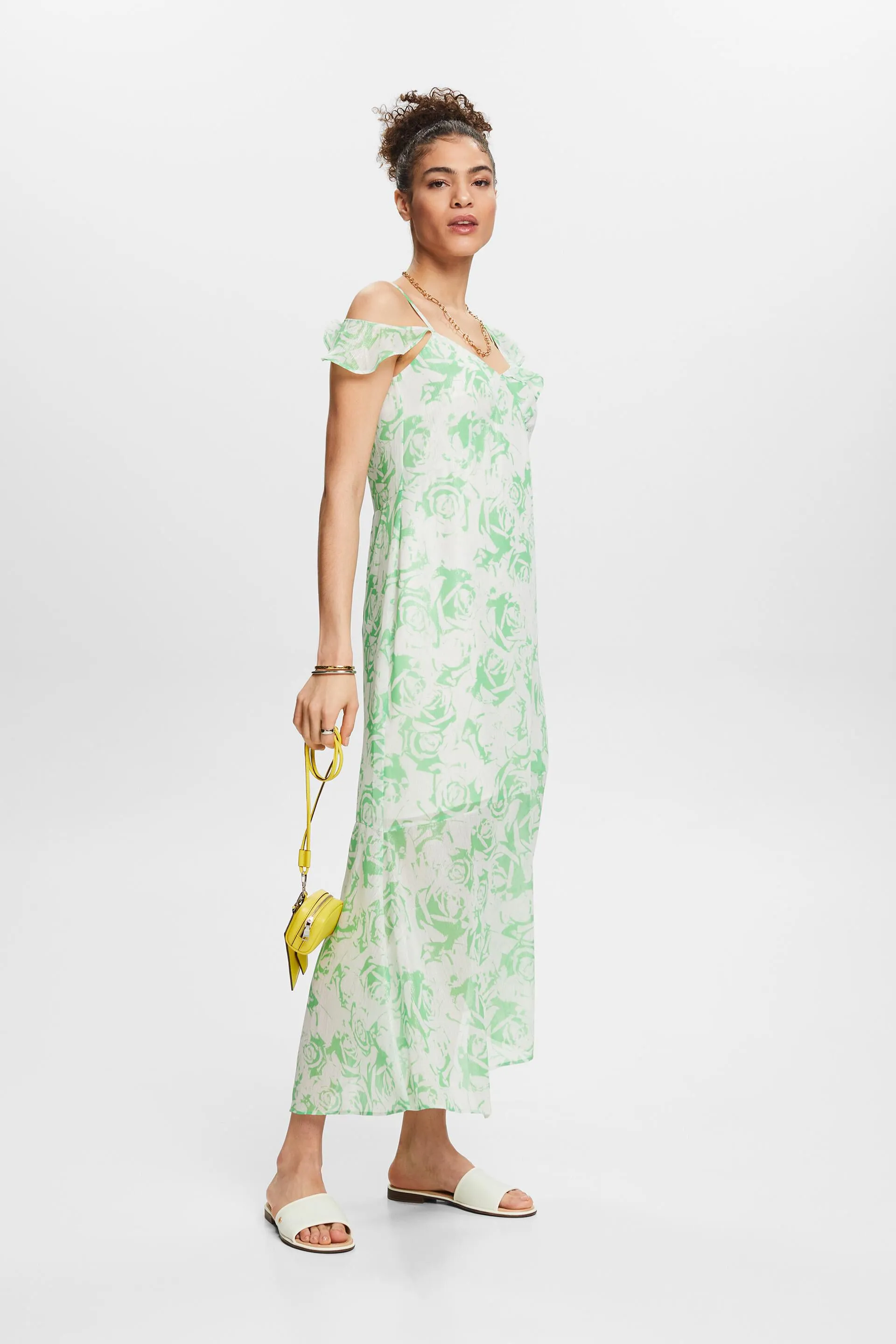 Maxi abito in chiffon stampato con spalle scoperte