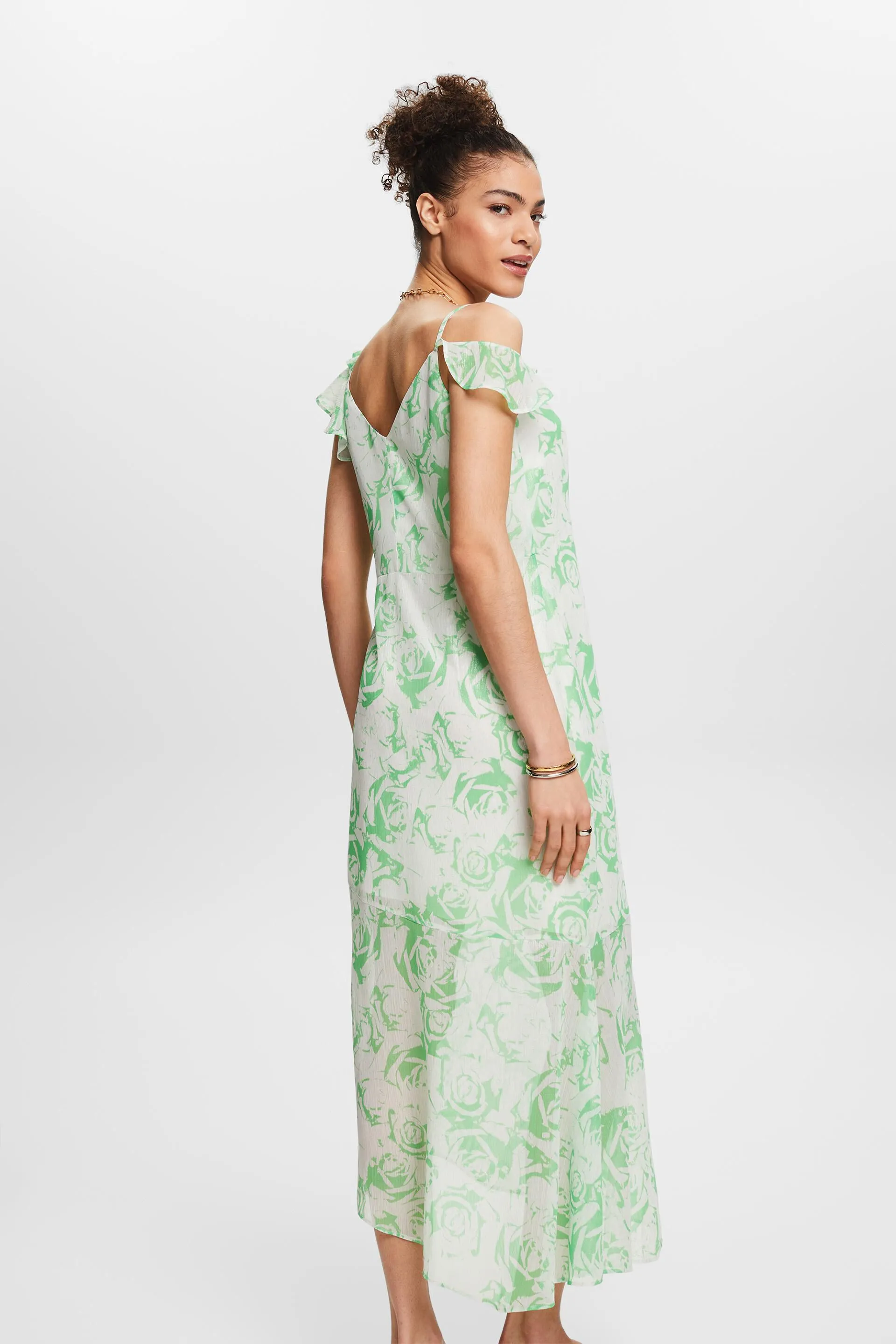 Maxi abito in chiffon stampato con spalle scoperte