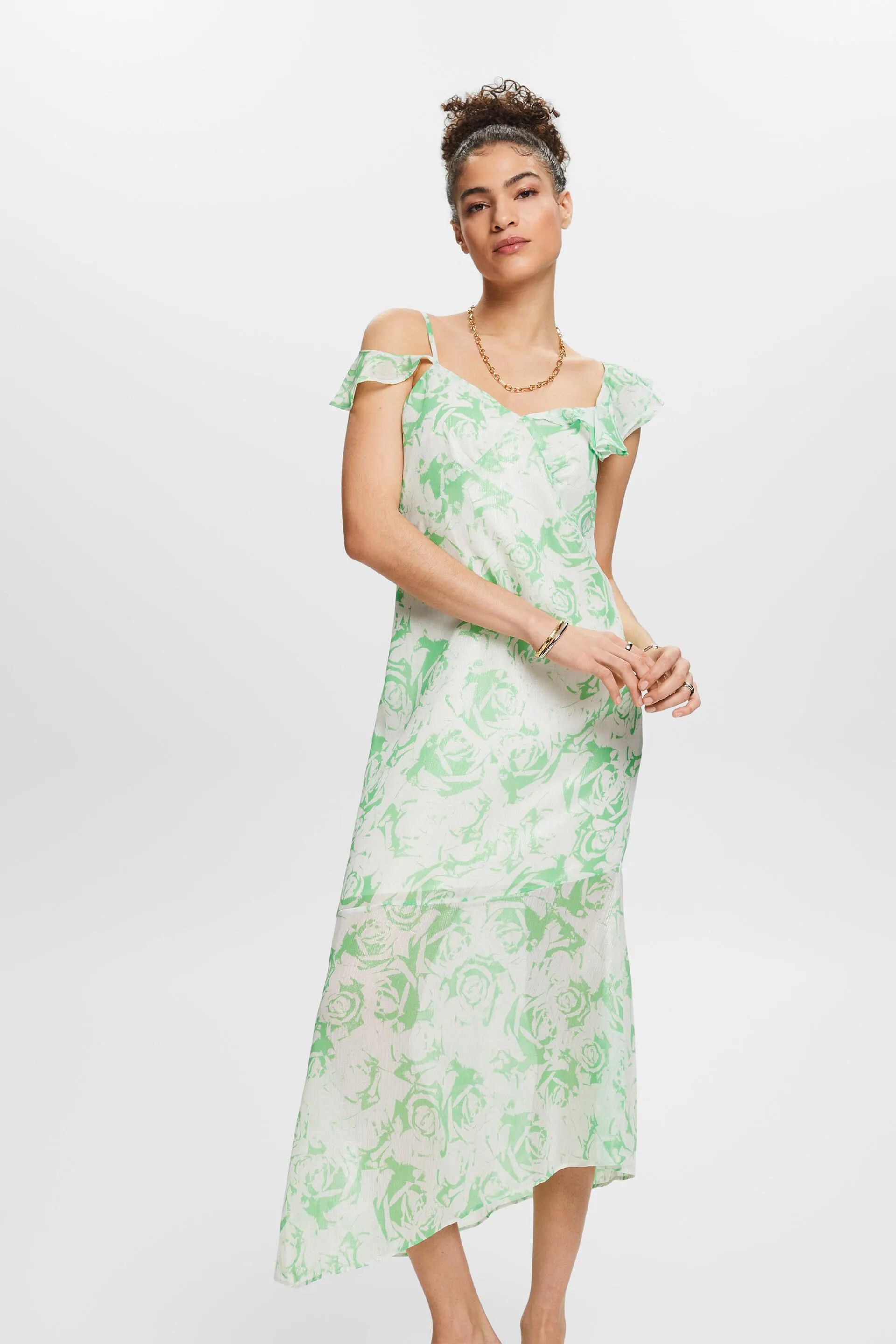 Maxi abito in chiffon stampato con spalle scoperte