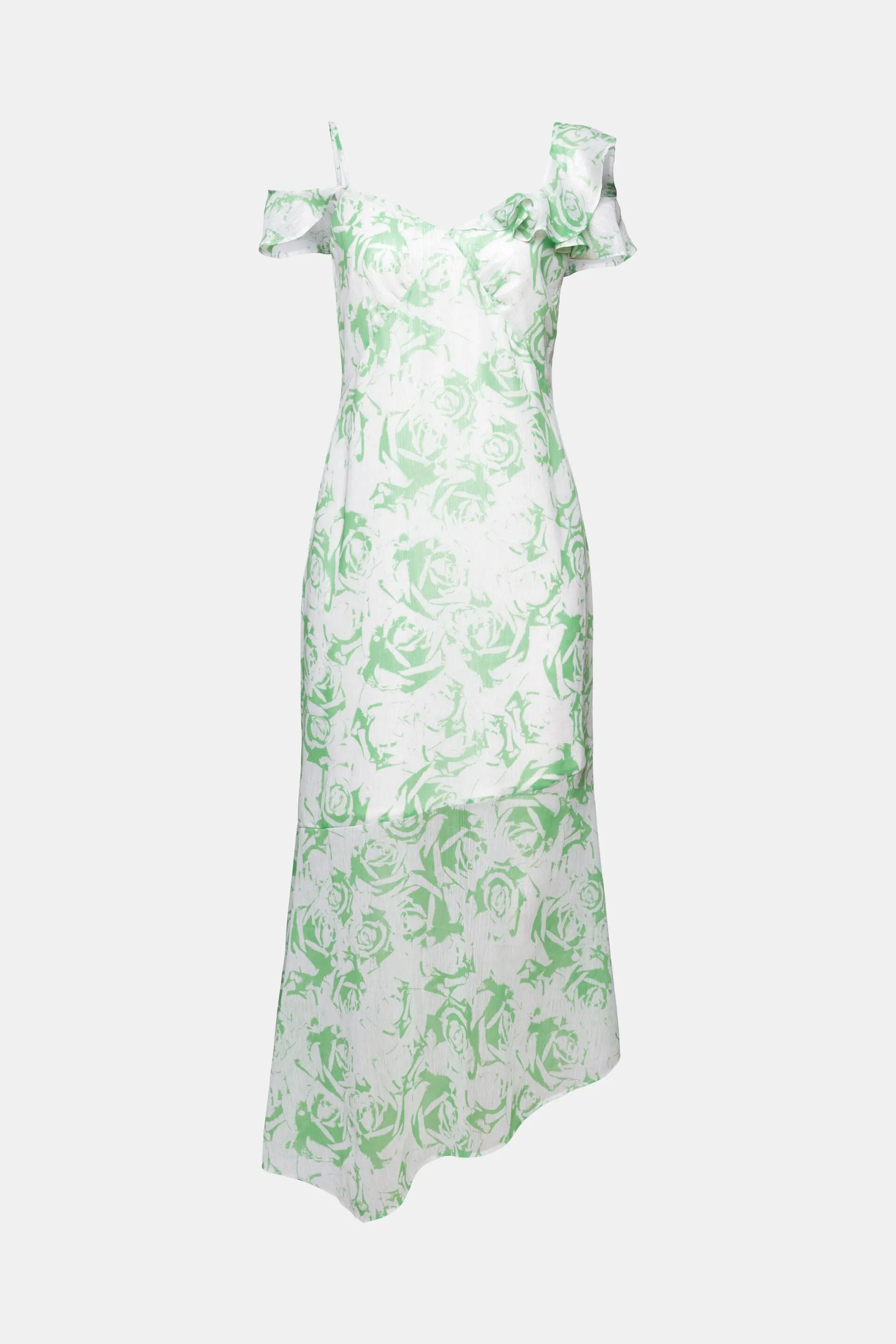 Maxi abito in chiffon stampato con spalle scoperte