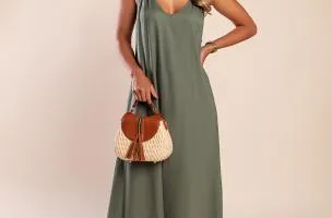 Maxi abito in lino, oliva